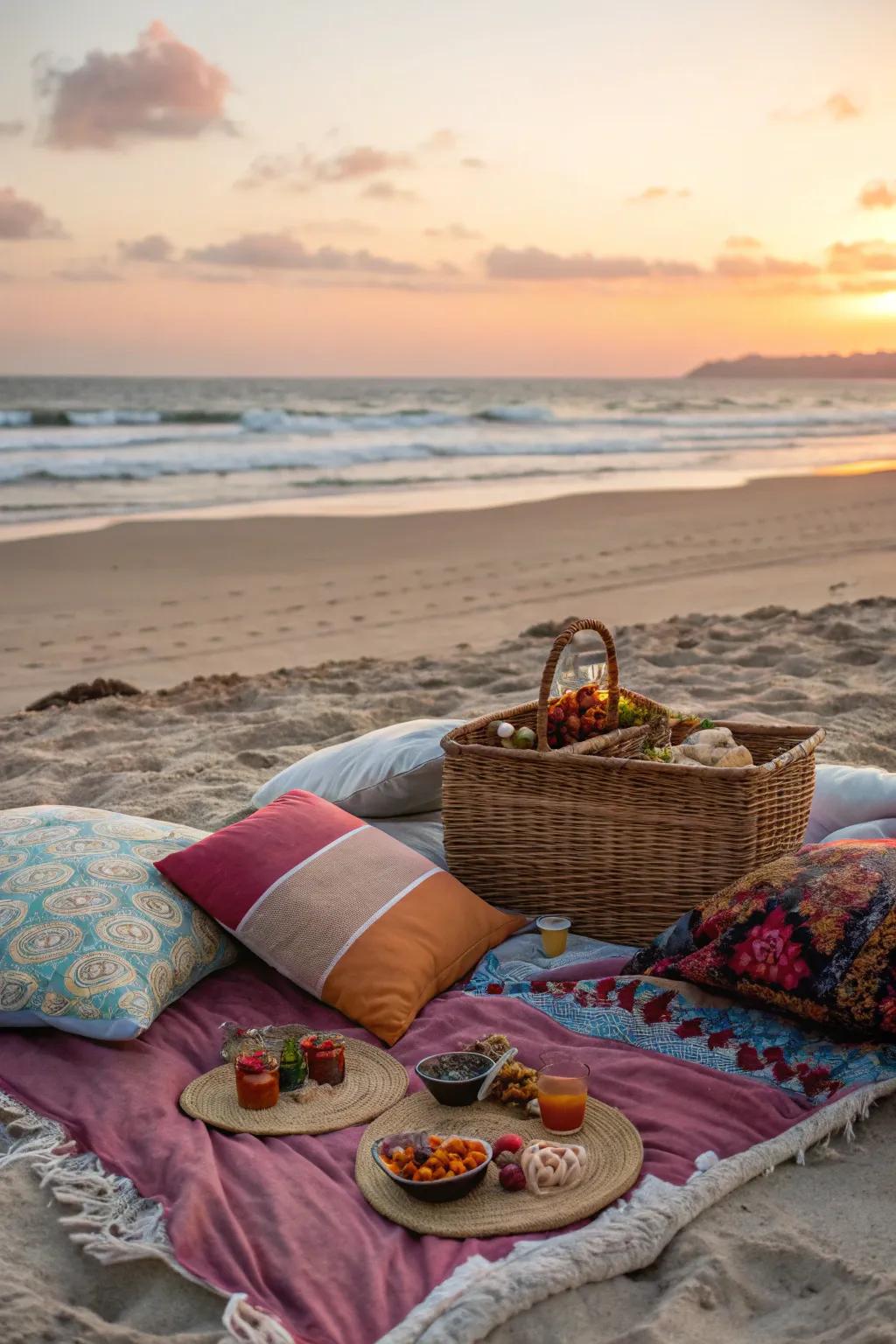 An inviting picnic setup on a sandy beach at sunset.