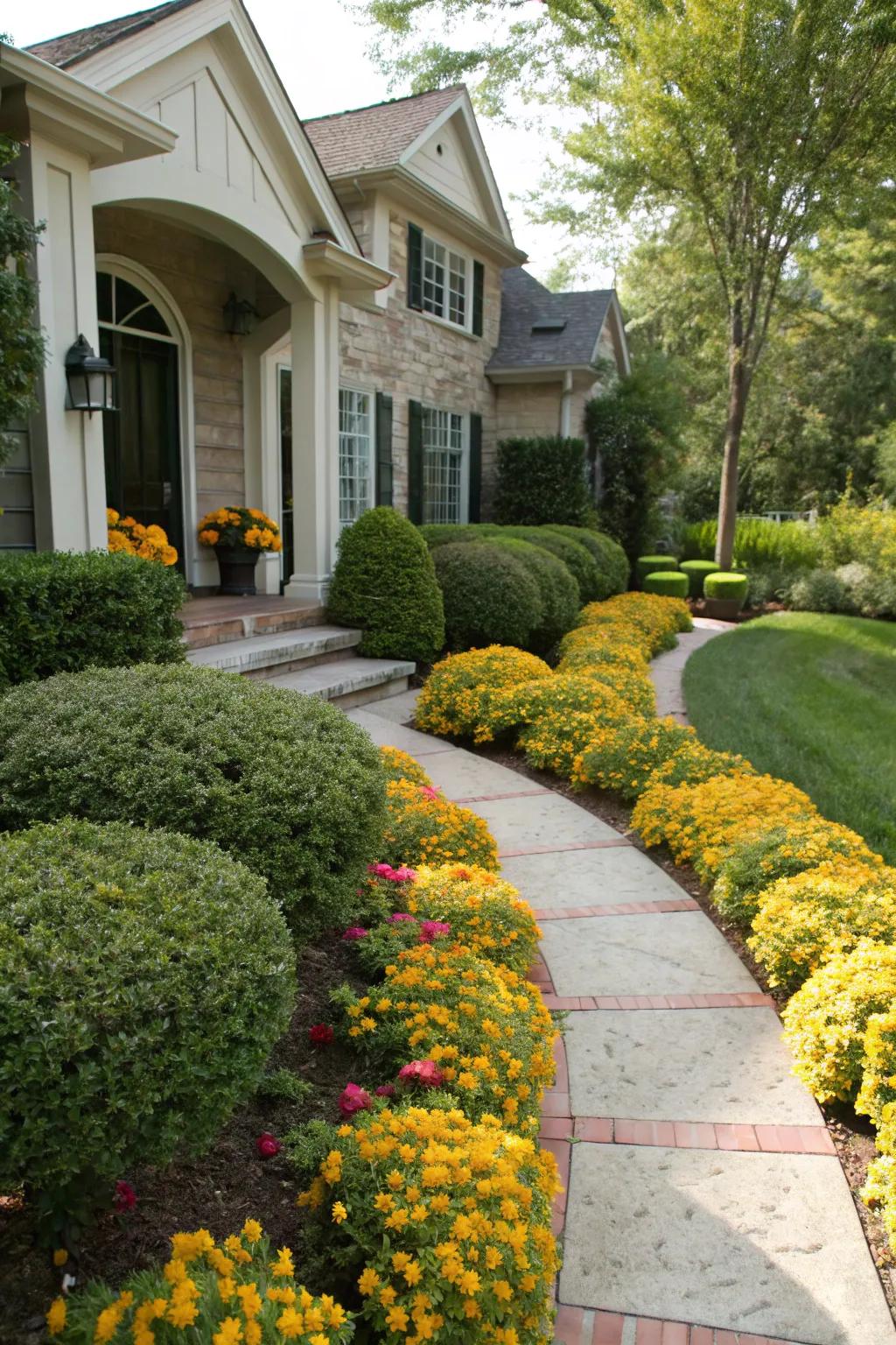 A front yard transformed into a welcoming oasis with sunshine ligustrum.