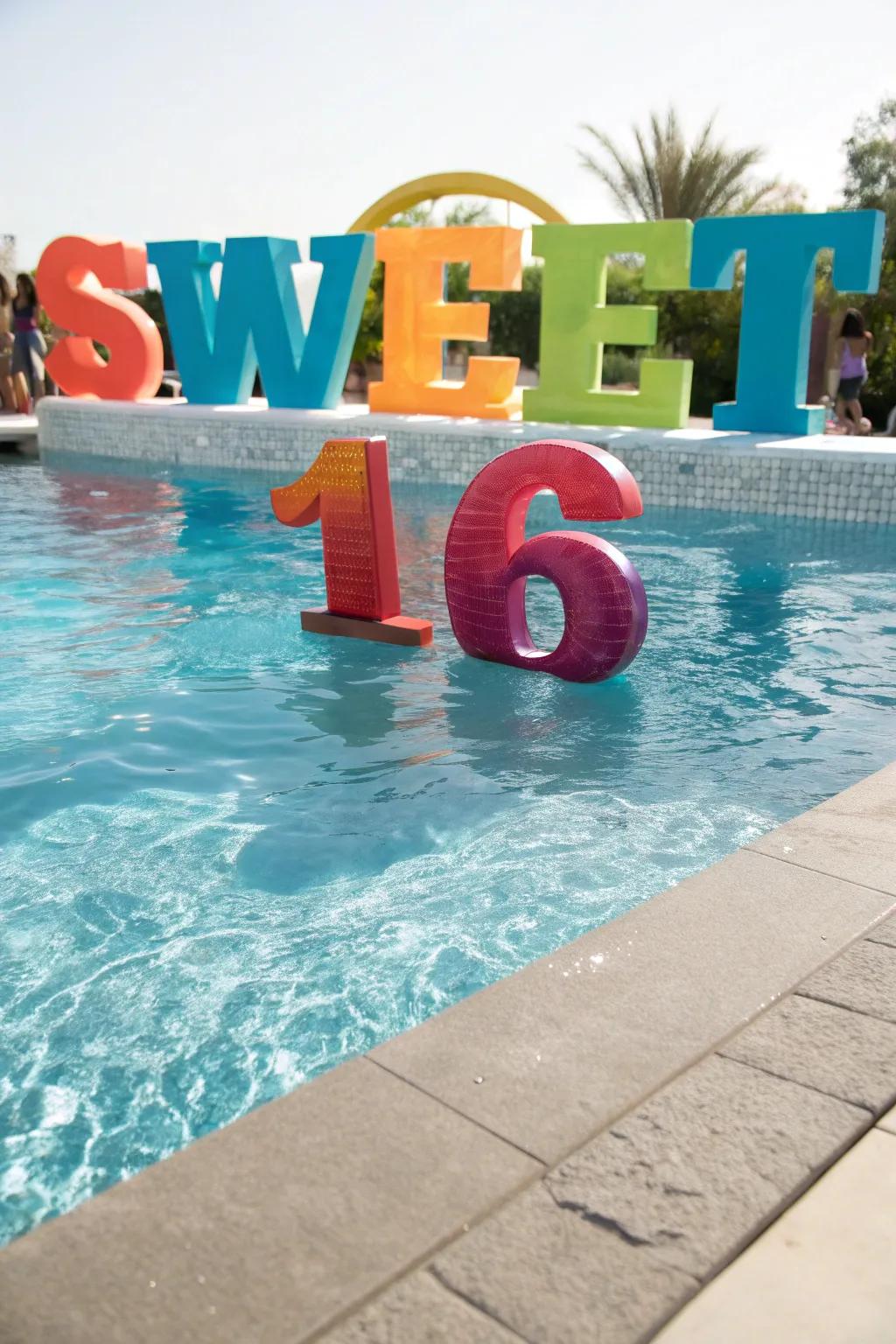 Oversized floating letters in the pool create an eye-catching centerpiece.