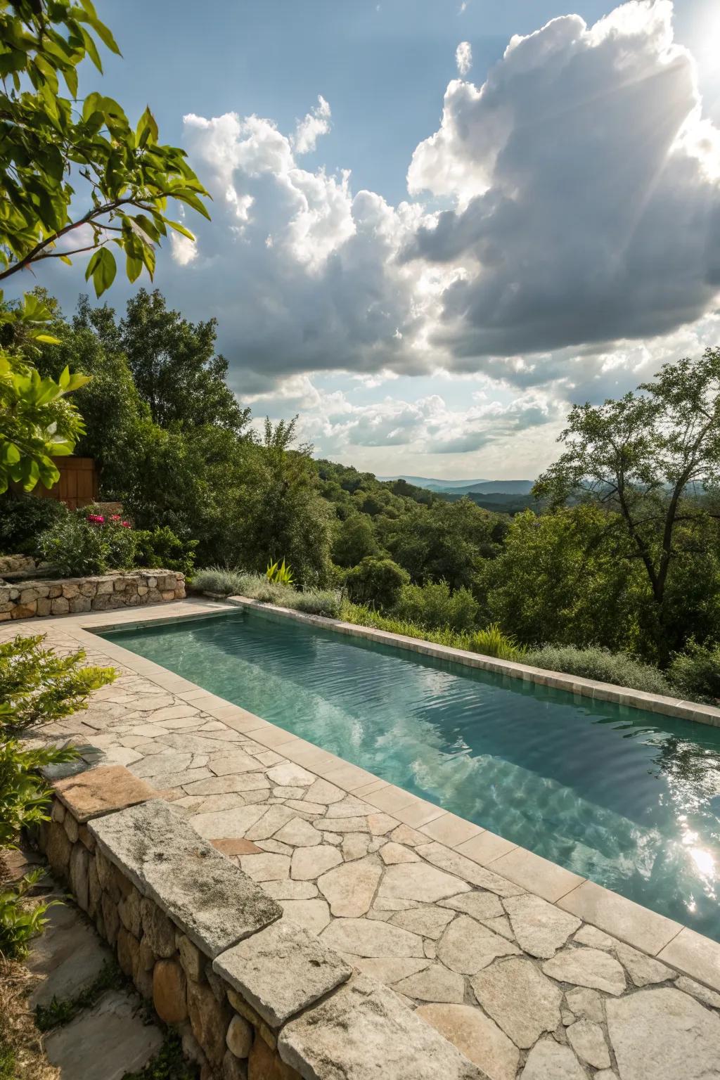 Natural stone borders offer a classic, sophisticated look for any swimming pool.