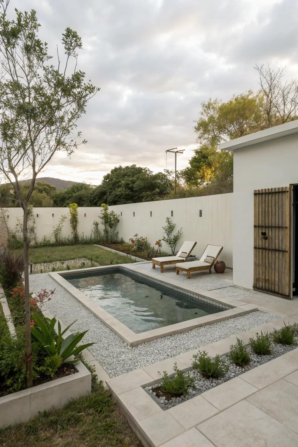 An elegant plunge pool nestled in a small backyard, surrounded by simple landscaping.