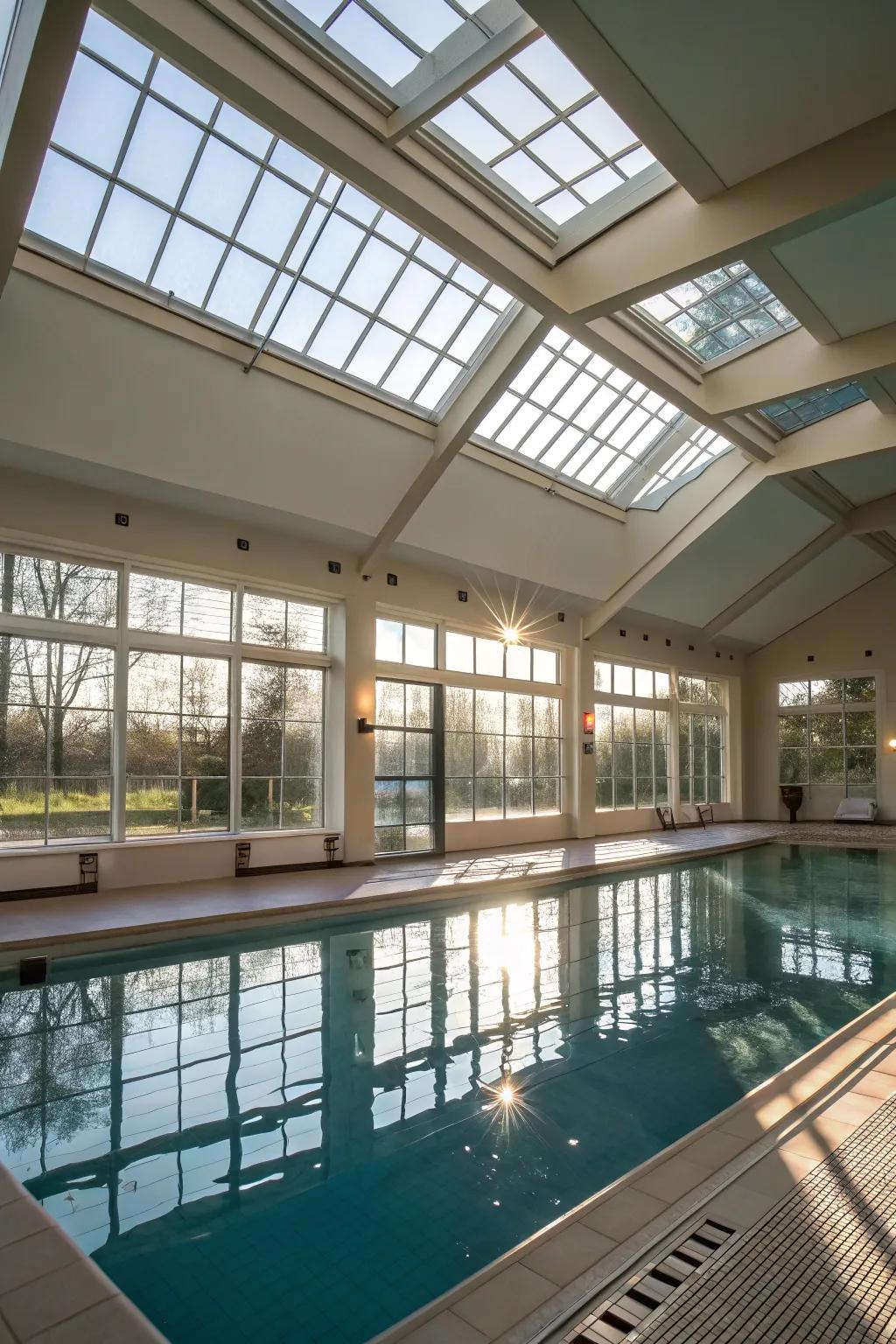 Natural light streaming into an indoor pool room creates a bright and inviting atmosphere.