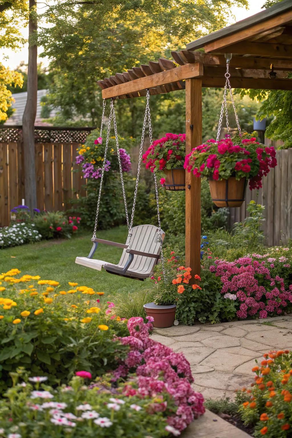 A backyard swing set surrounded by colorful flowers and hanging planters.