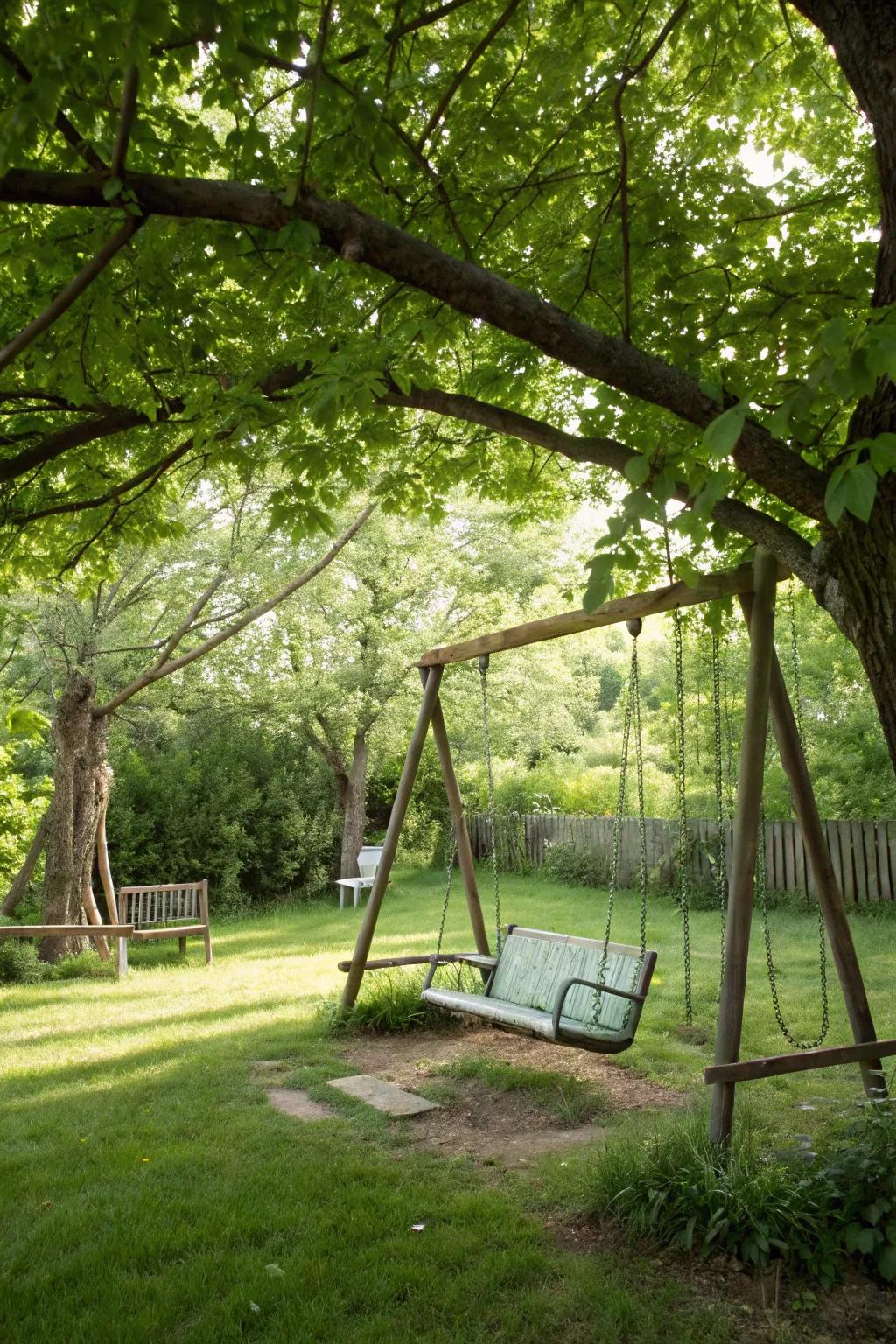 Swingset nestled under the shade of lush trees.
