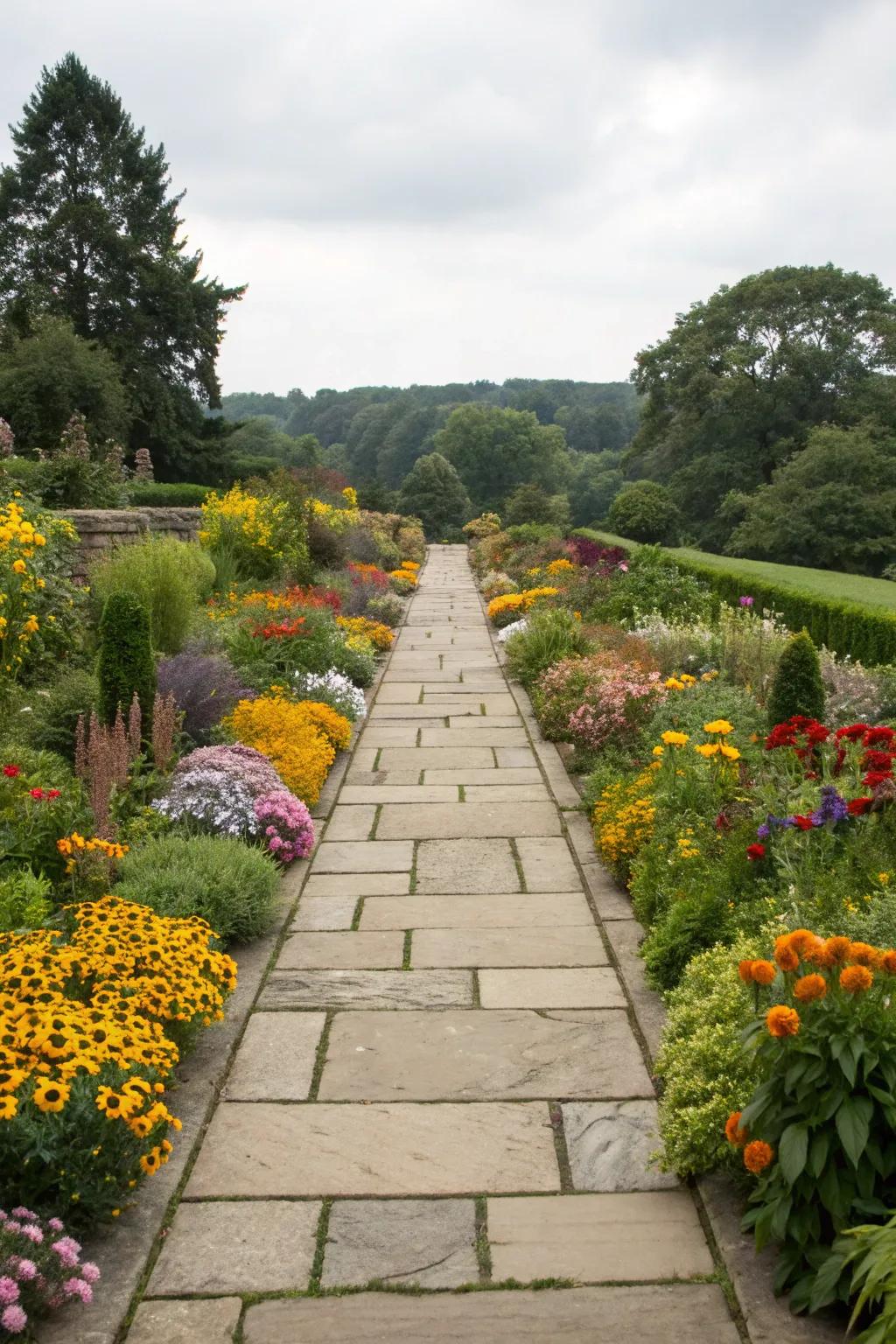 Colorful symmetrical flower beds flanking a central pathway.