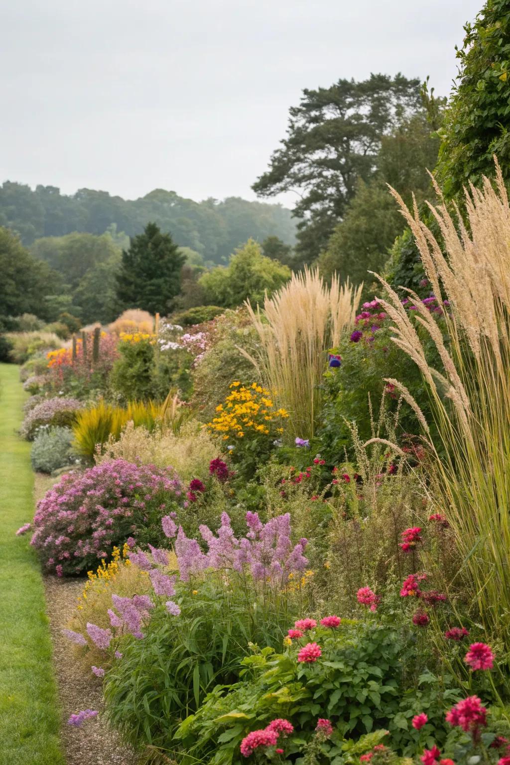 Tall grasses forming a seamless natural border in a vibrant garden.