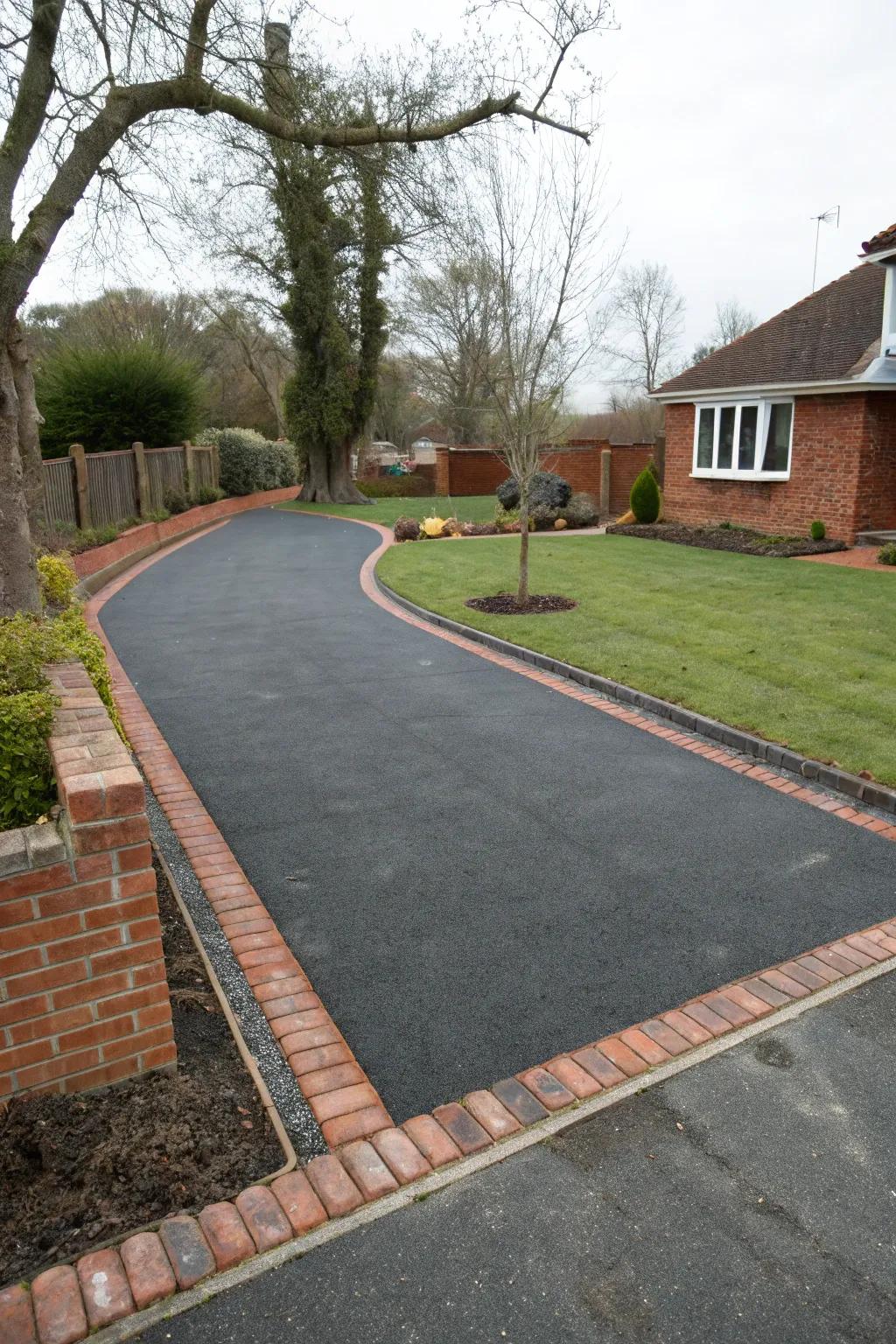 Tarmac driveway enhanced with traditional brick borders.