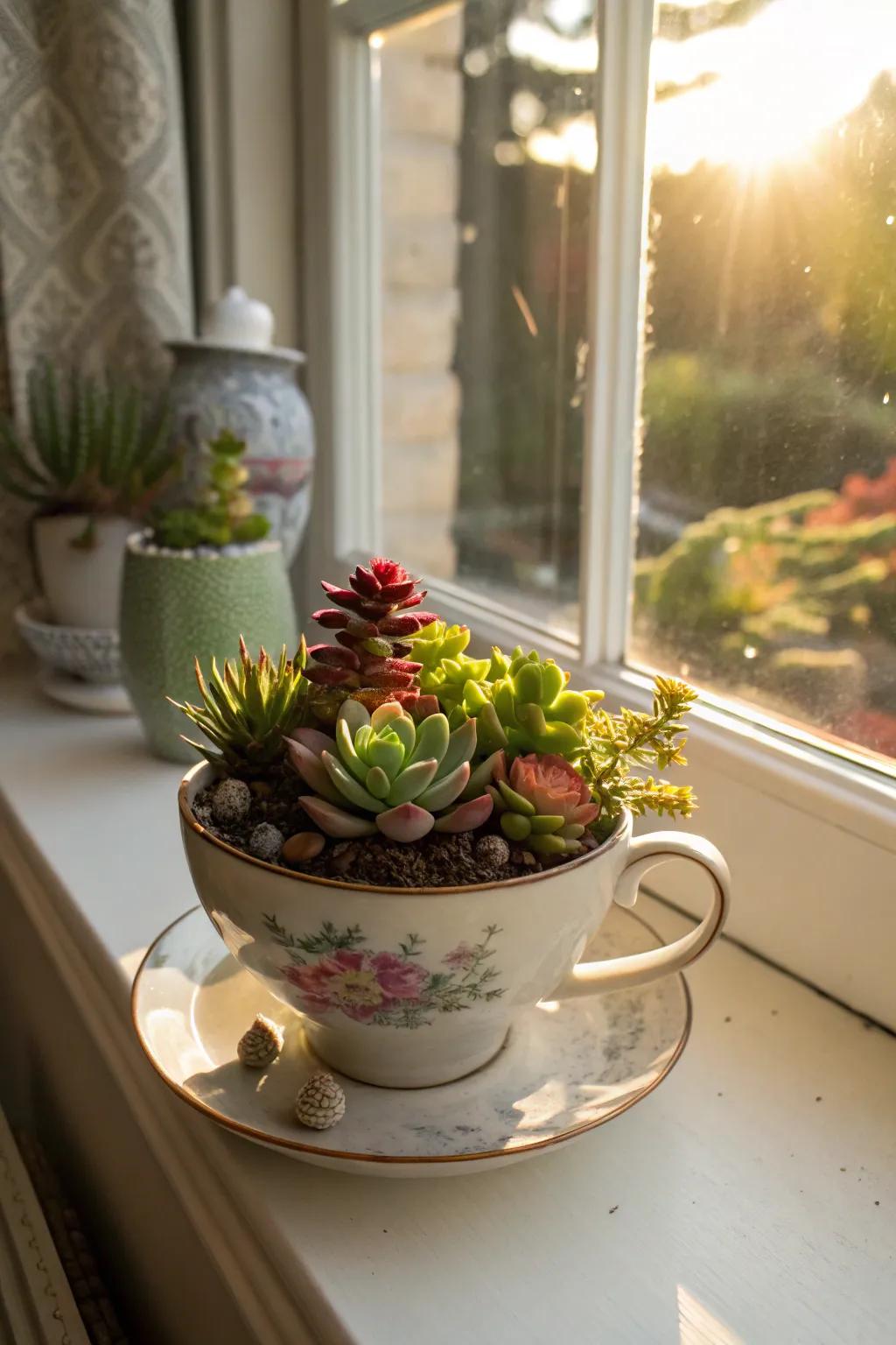 Succulent teacup garden basking in the sunlight.