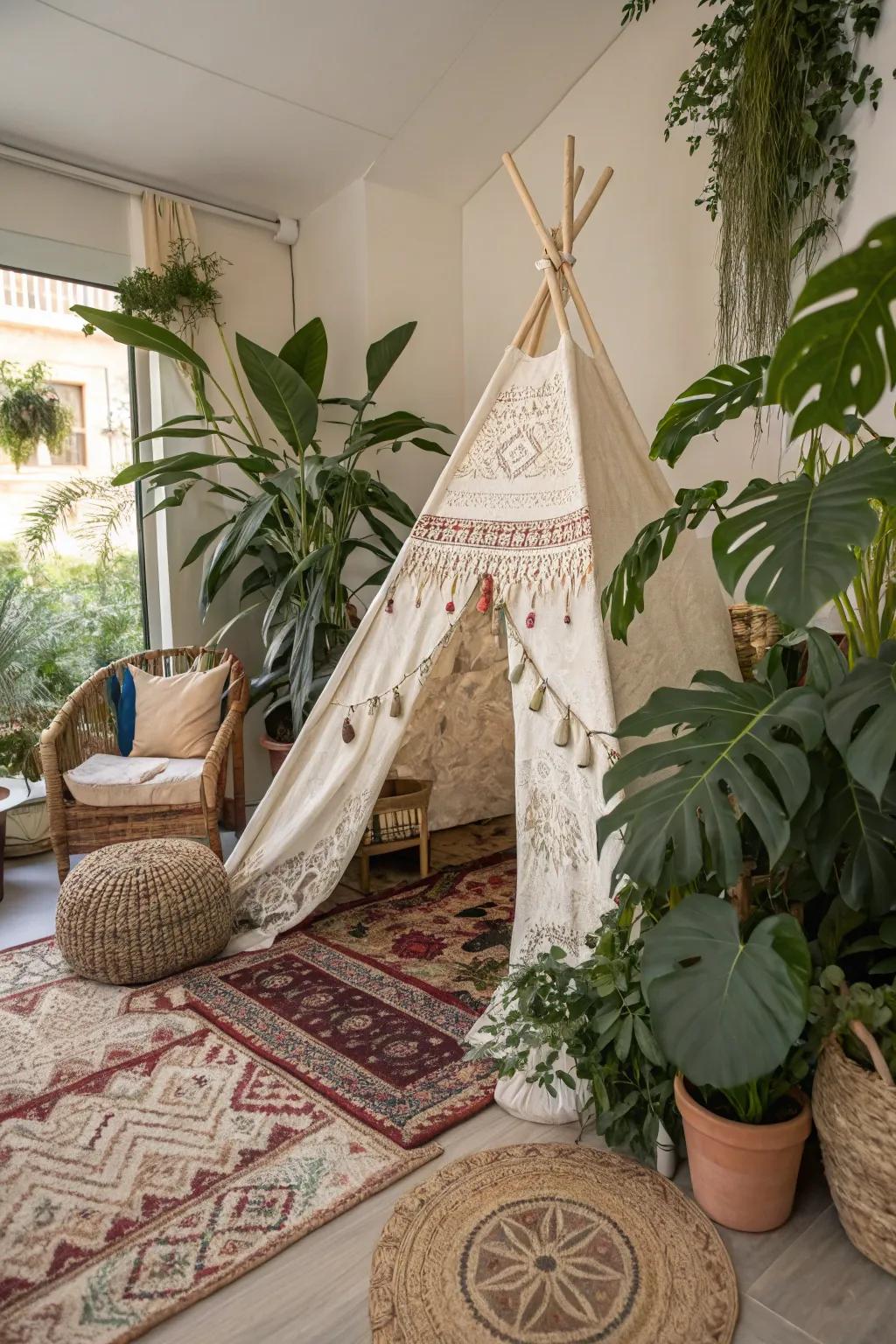 A bohemian-style teepee creates a serene and stylish space.