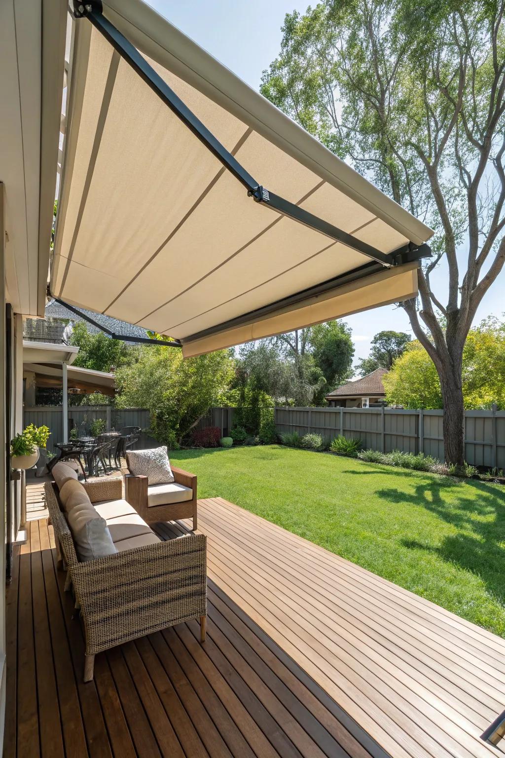A retractable fabric awning providing shade over a cozy deck.