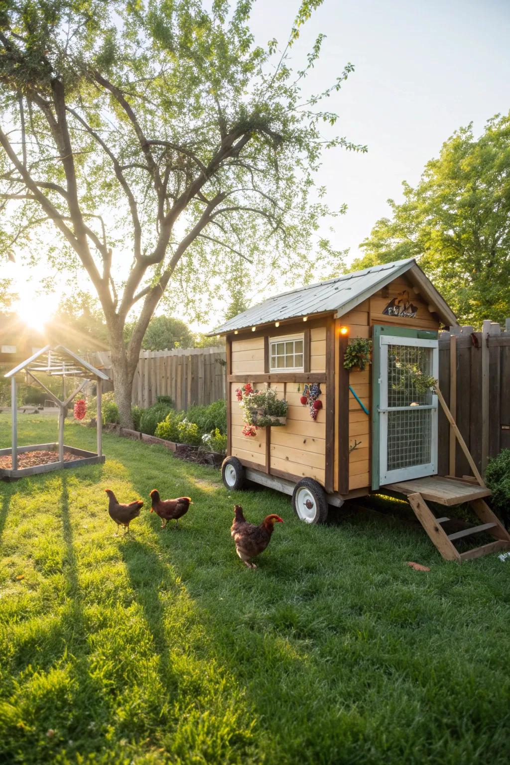 A portable chicken coop on wheels, perfect for easy movement around the yard.