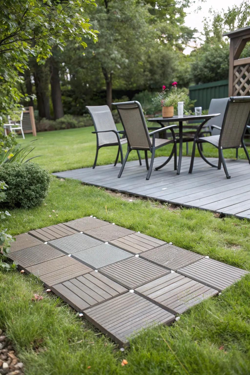 Interlocking deck tiles create a chic patio look