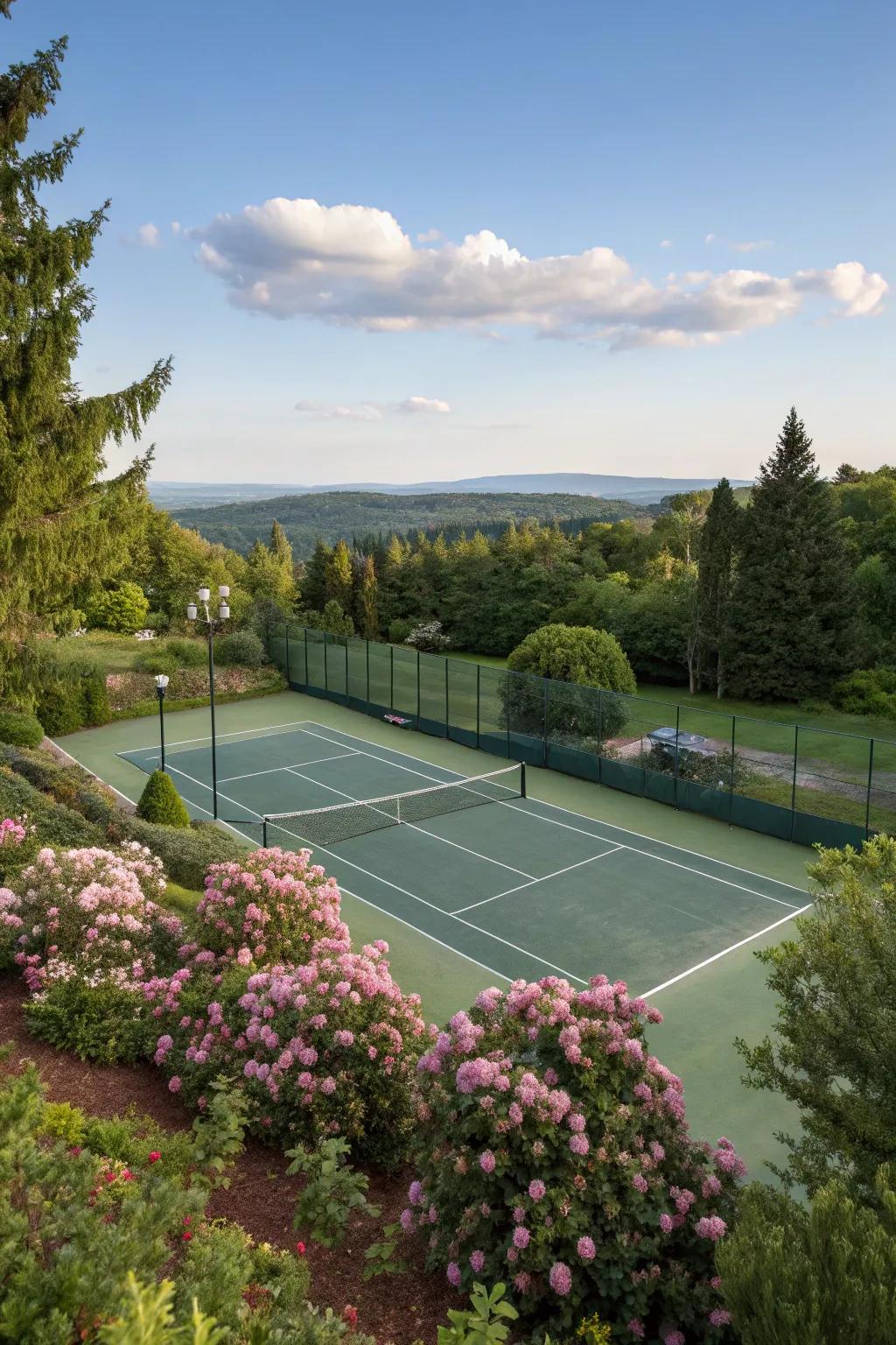 Lush green borders create a natural and beautiful frame around your tennis court.
