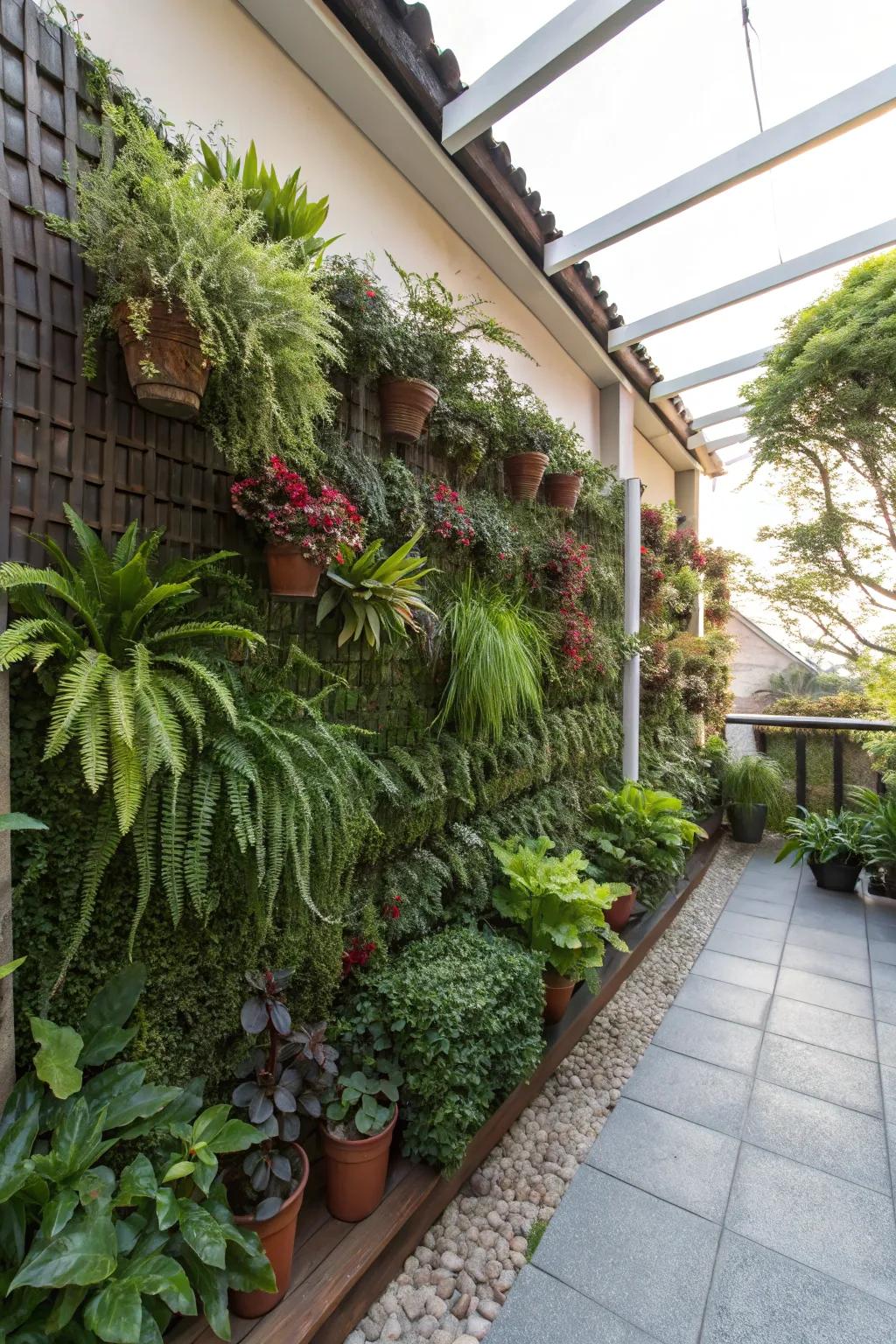 A vertical garden wall maximizes space and adds vibrant greenery.