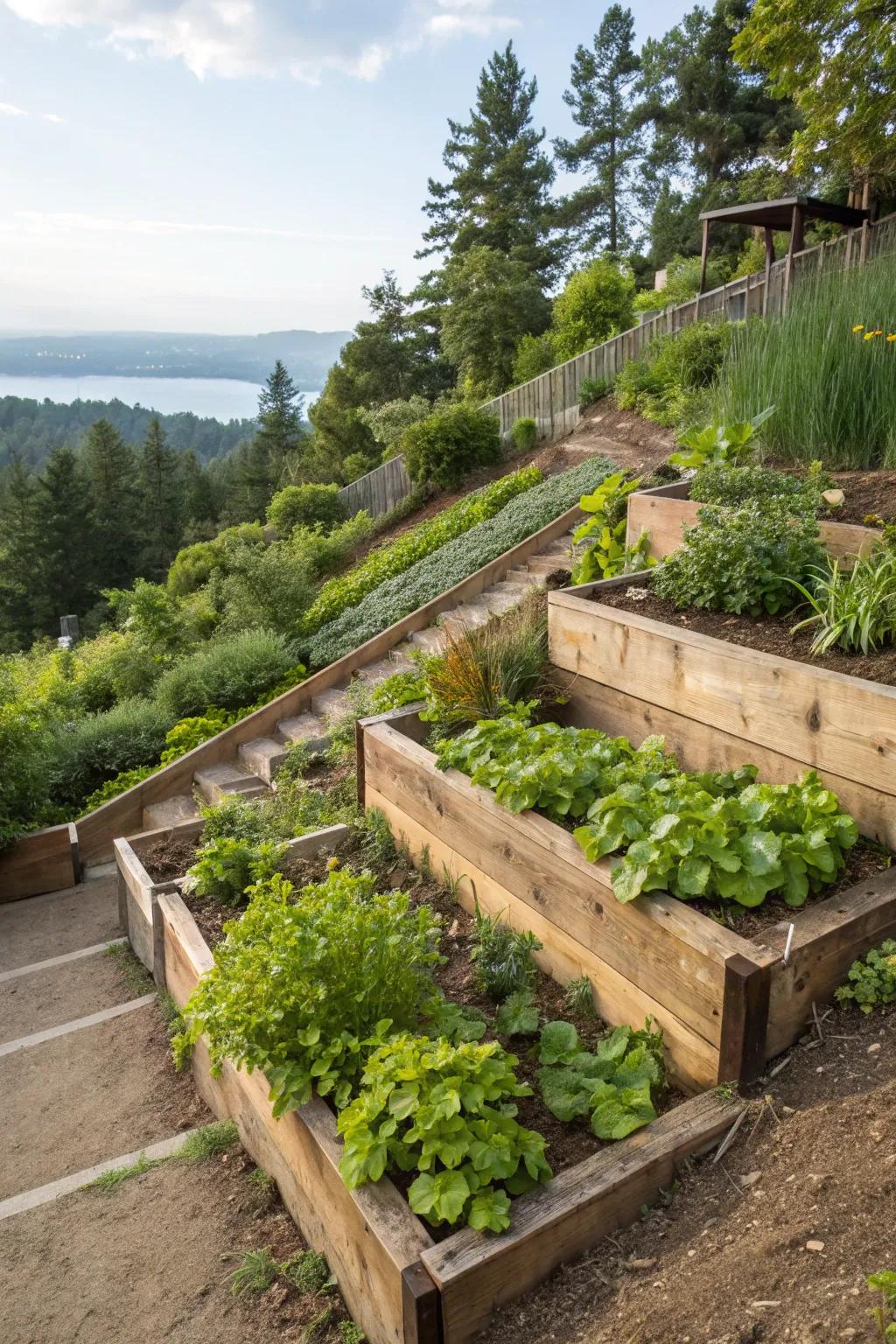 Terraced garden featuring wooden raised beds filled with lush greenery on a gentle slope.