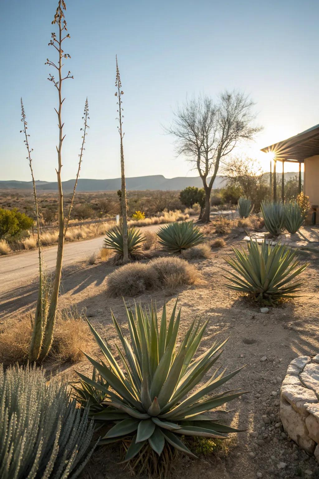 A front yard in Texas featuring yucca and agave plants.