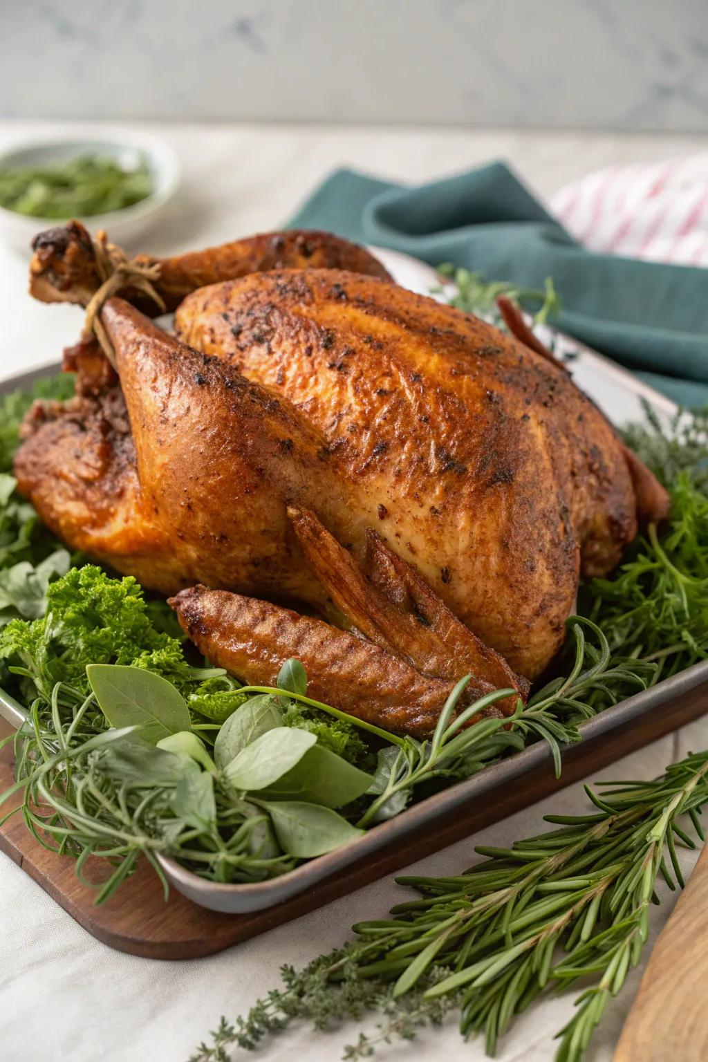 A perfectly grilled turkey with golden, crispy skin.