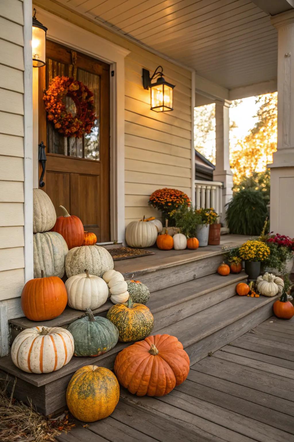 A porch filled with a variety of pumpkins, creating a festive fall atmosphere.