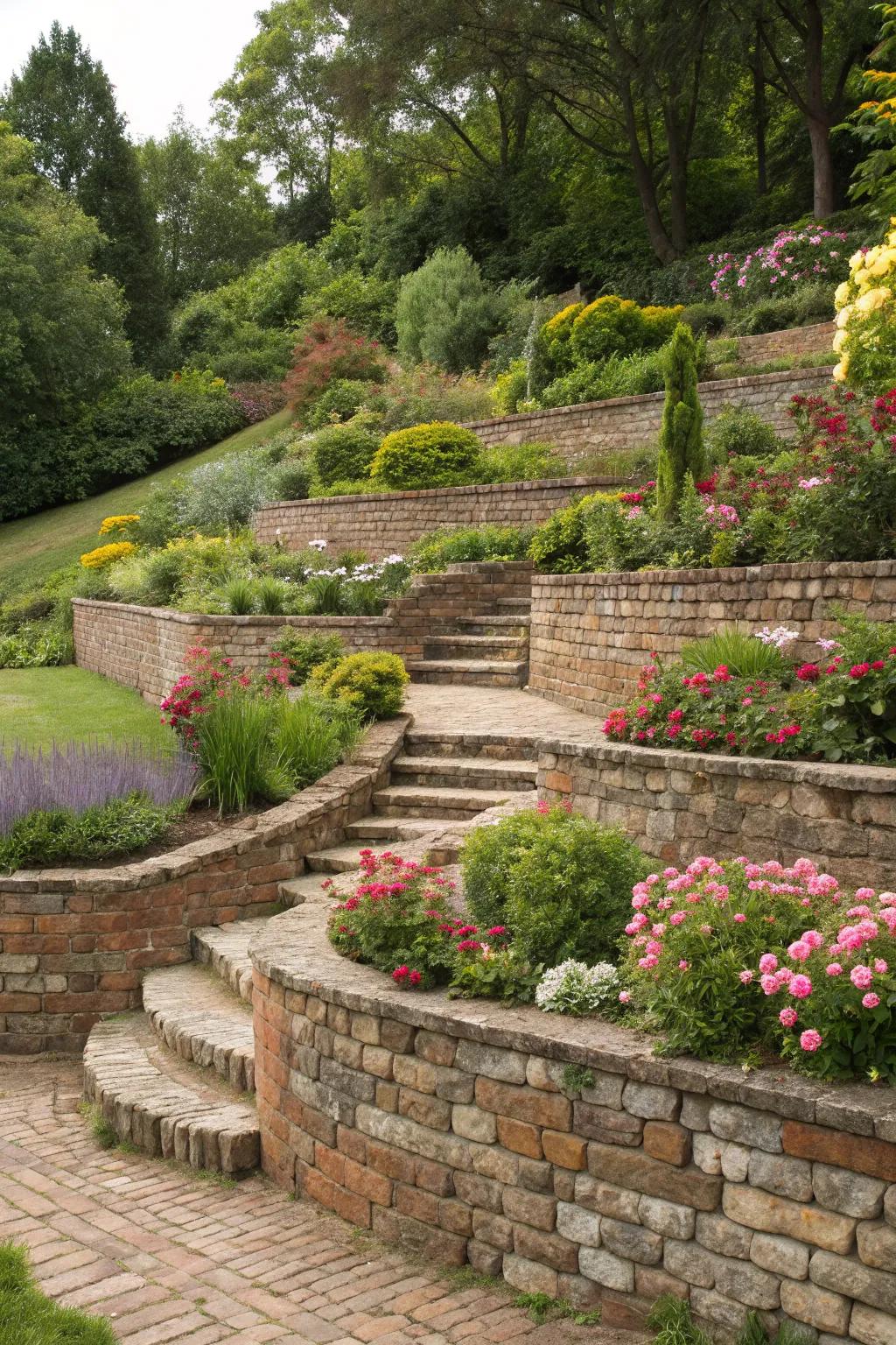 Stone and brick add timeless elegance to tiered gardens.