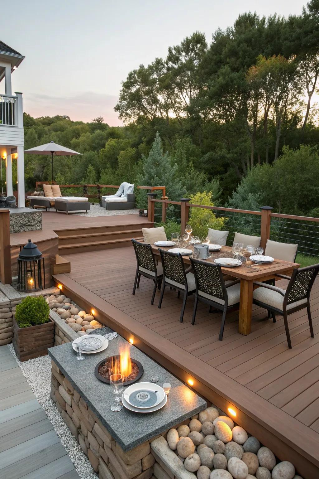 A tiered deck with designated zones for dining, lounging, and warmth.