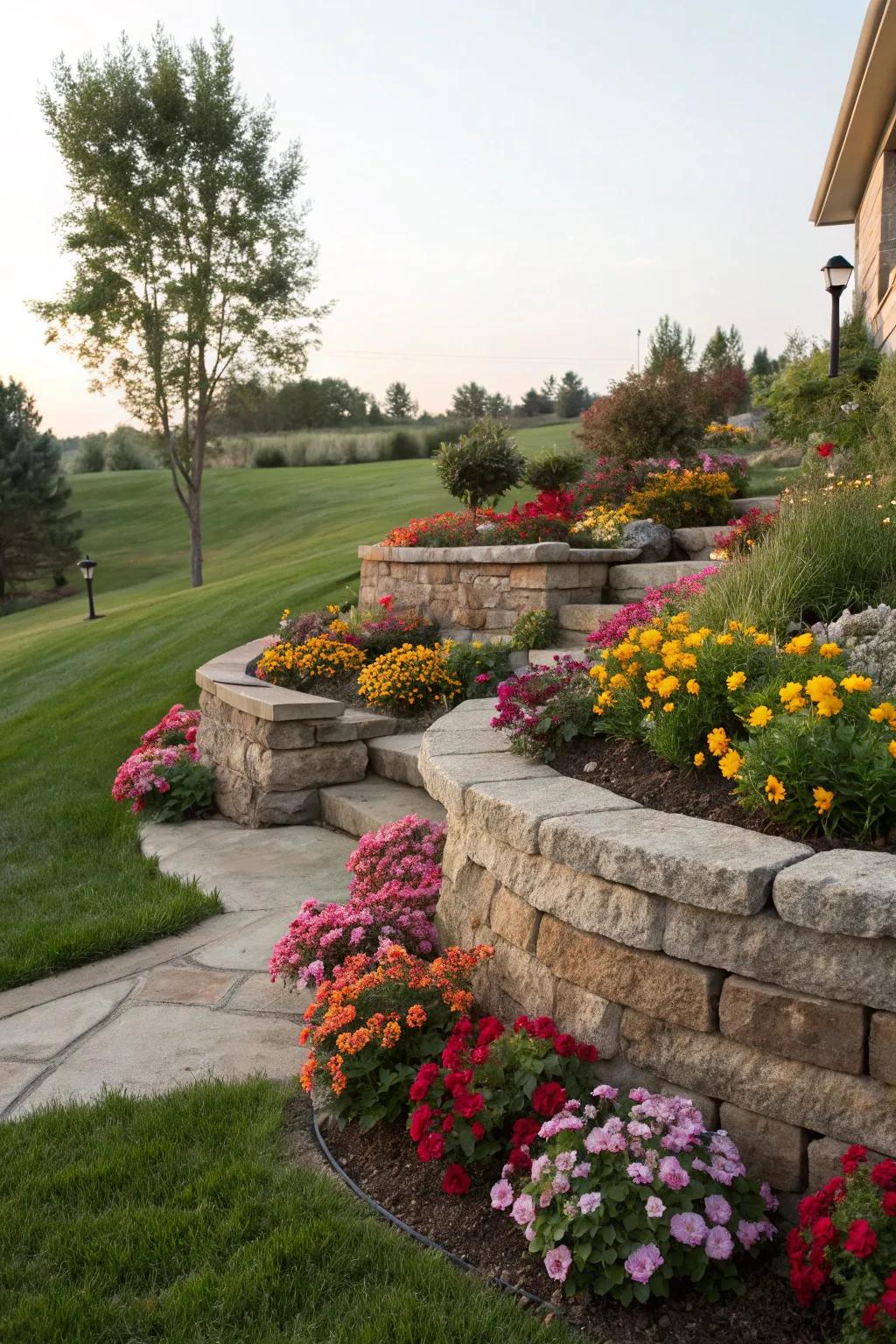 Stone tiers bring elegance and structure to a vibrant flower bed.