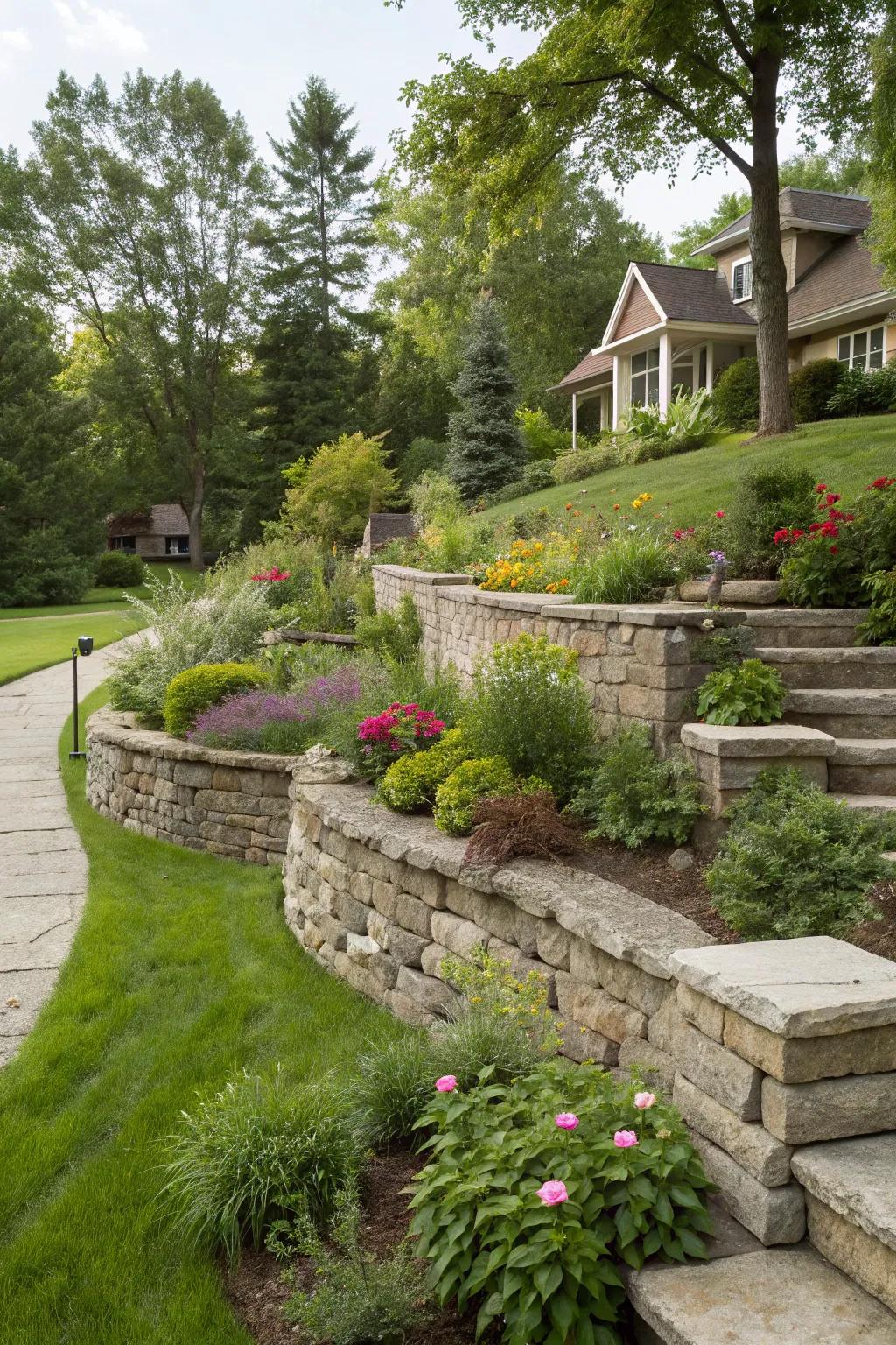 Stone retaining walls paired with cascading plants create a timeless look.