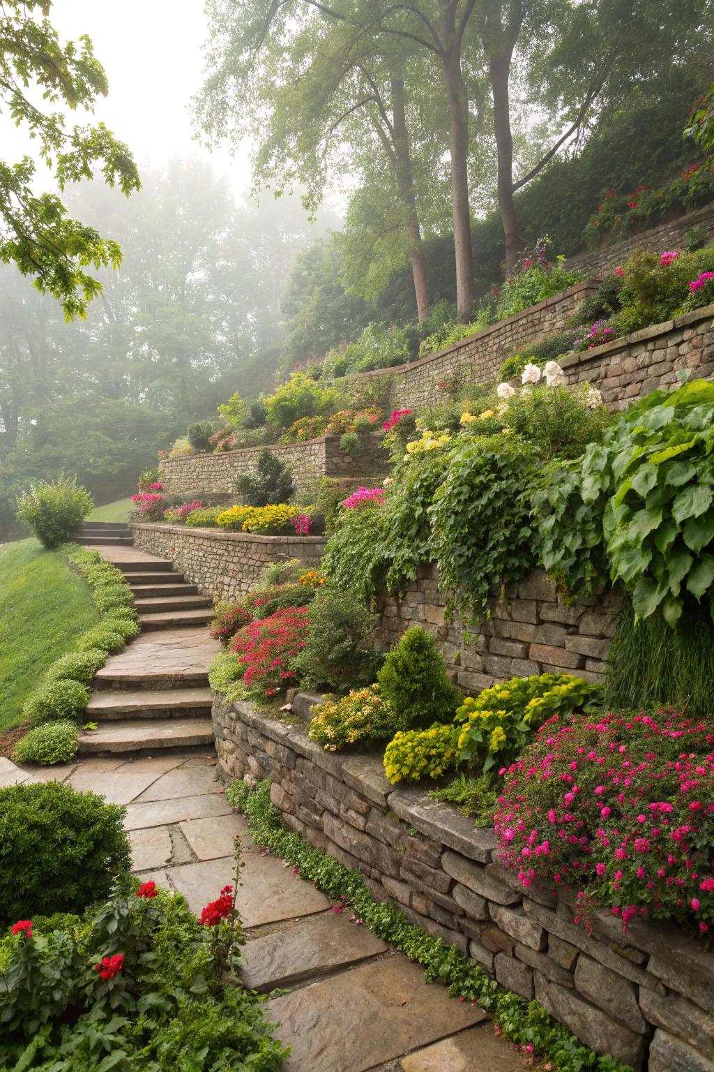 Natural stone walls create a harmonious flow in a tiered garden.