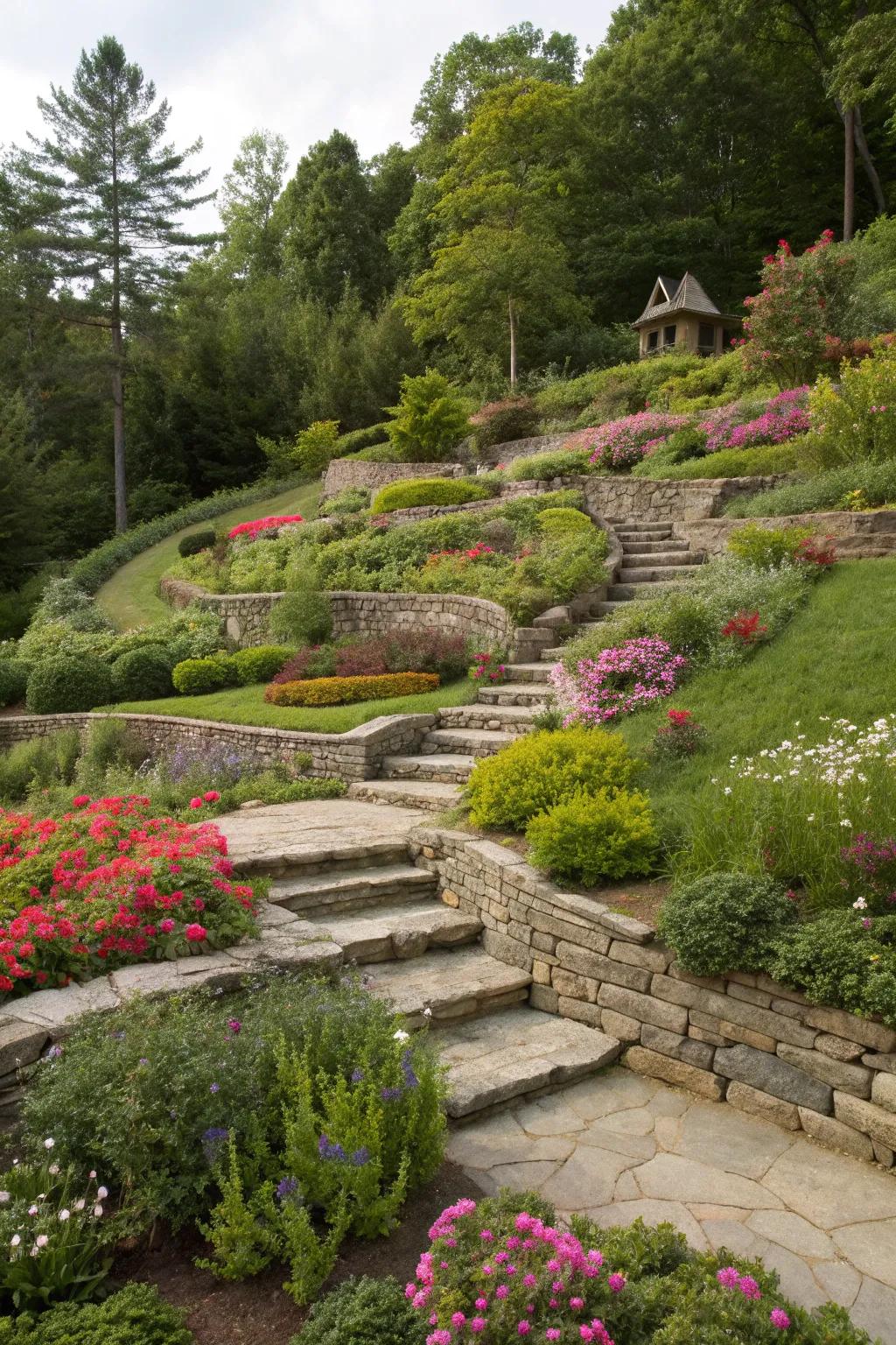 Natural stone terraces offer a rustic charm that blends with nature.