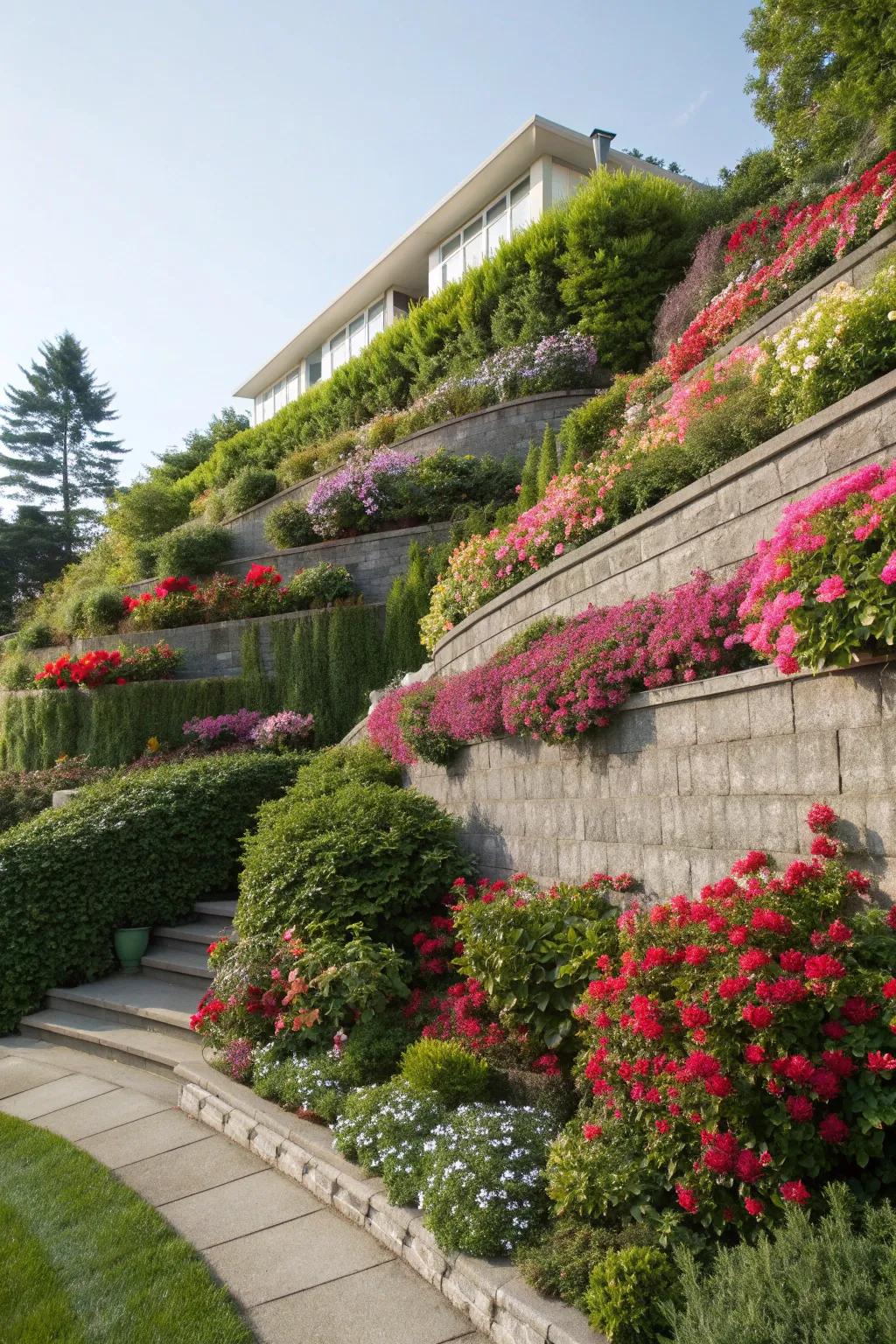 A tiered retaining wall that blooms with layers of colorful flowers and lush greenery.