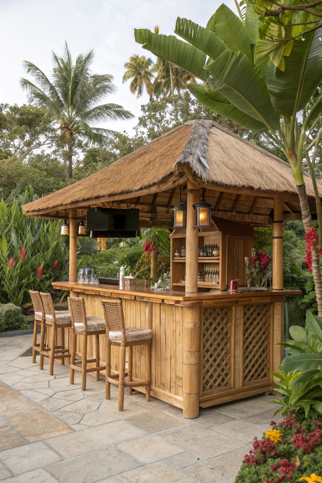 A charming tiki bar with bamboo accents and a thatched roof