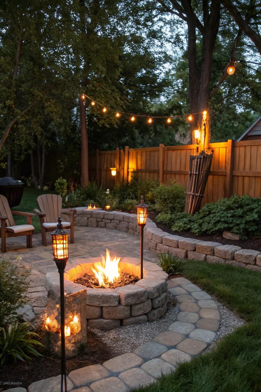 Enhance your fire pit area with the warm glow of tiki torches.