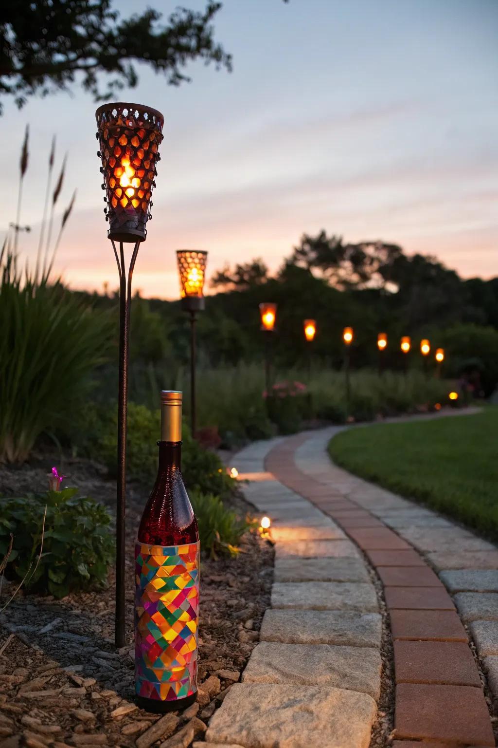 Upcycled wine bottles make charming tiki torches that add color and light to any garden.