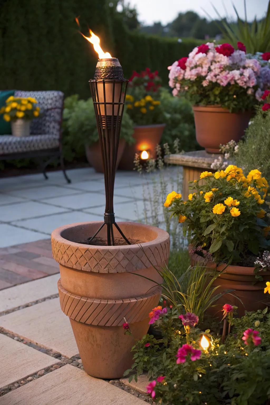 Terracotta tiki torch planters add rustic elegance to your patio.