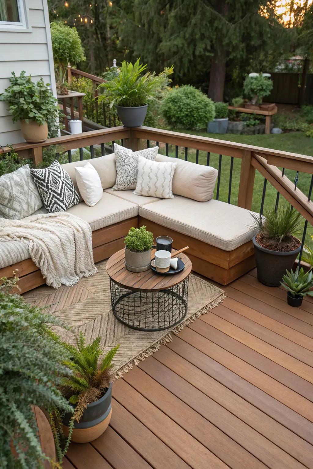 A timber deck exuding warmth with its inviting corner seating.