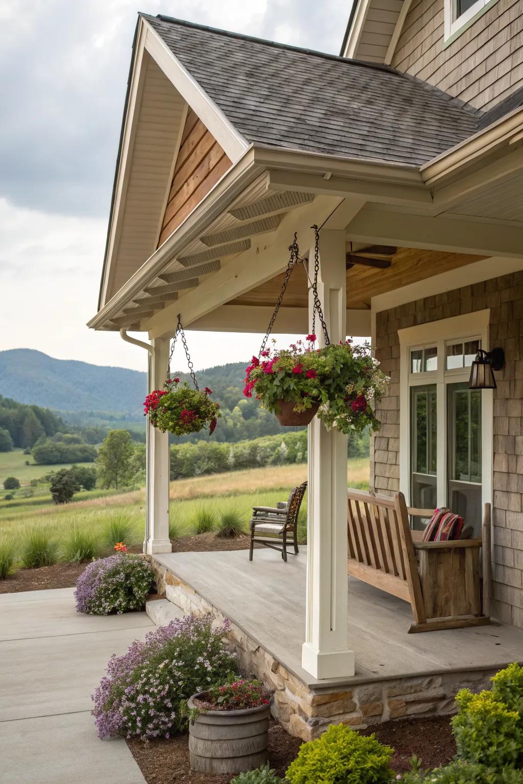 A classic gabled roof timber porch on a charming country home.