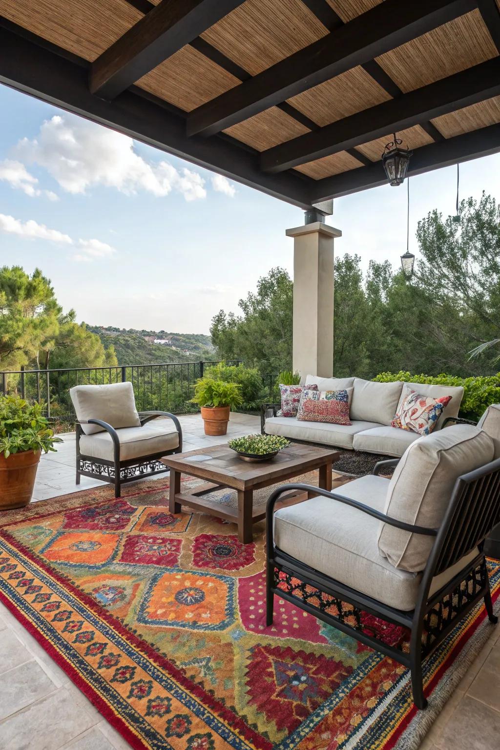 A charming outdoor living room setup with colorful accents and cozy seating.