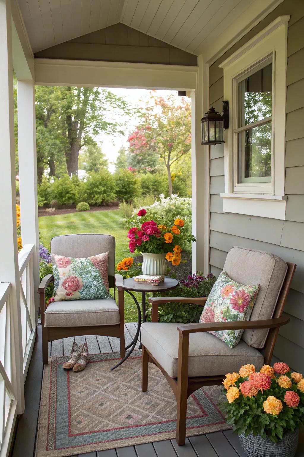 Cushioned seating area on a tiny house porch.