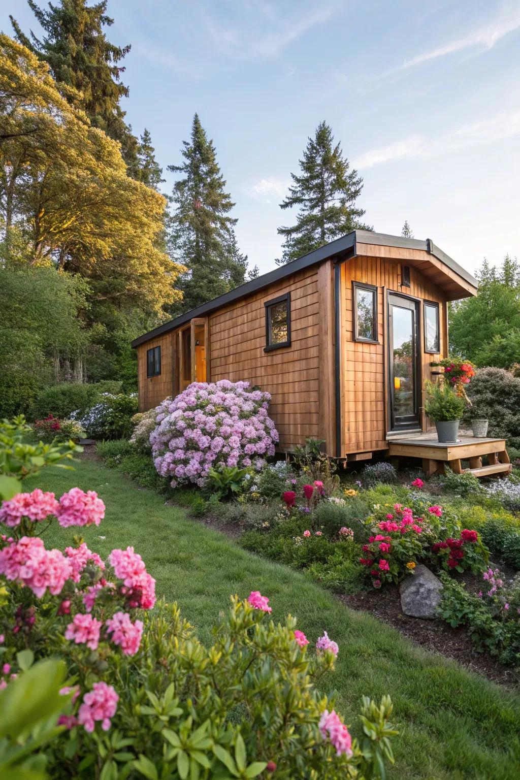 Cedar wood siding adds a warm, natural touch to any tiny house.