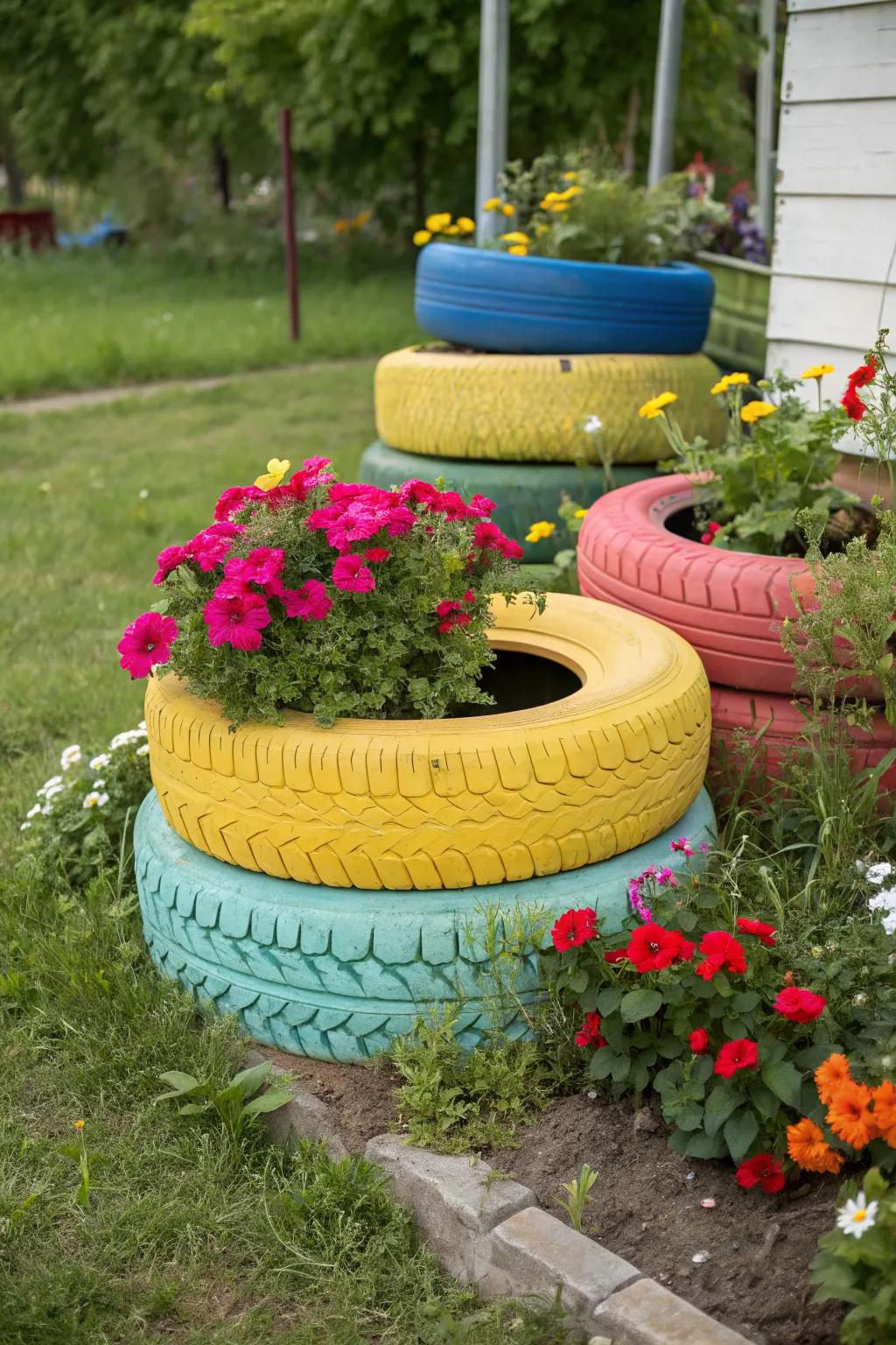 Stacked tires create multi-level planters that add dimension.