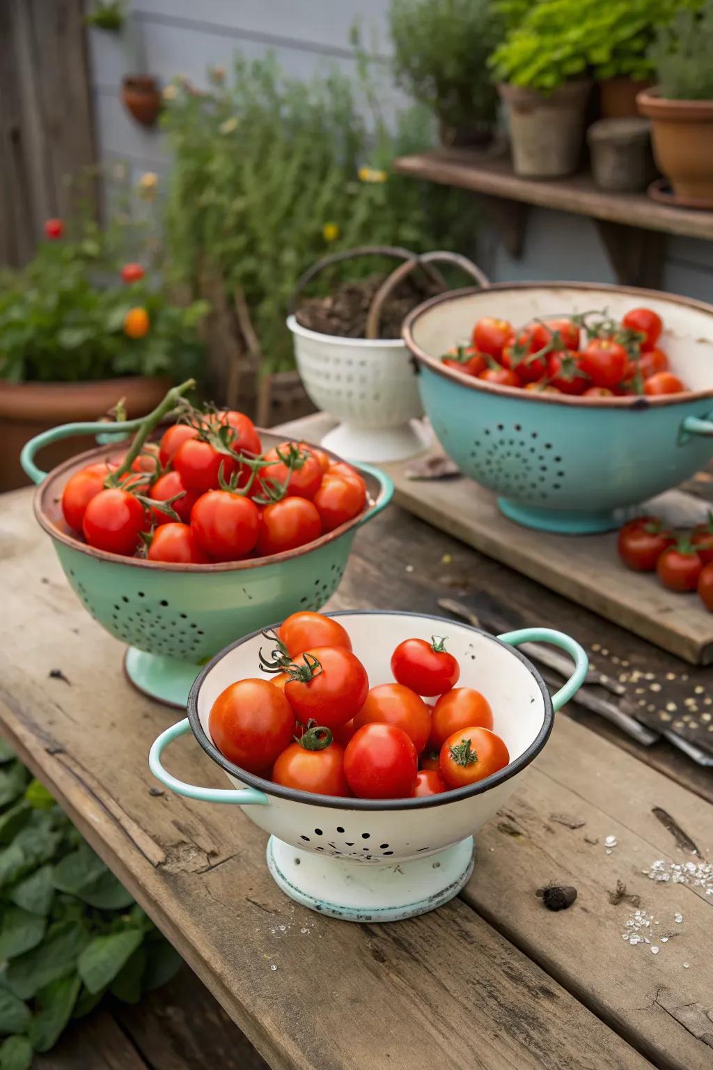 Repurpose old kitchenware into charming tomato planters.