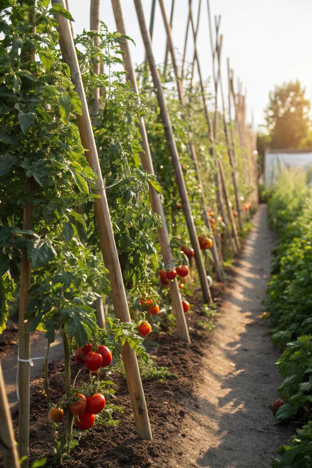 Tomatoes thriving on classic wooden stakes.