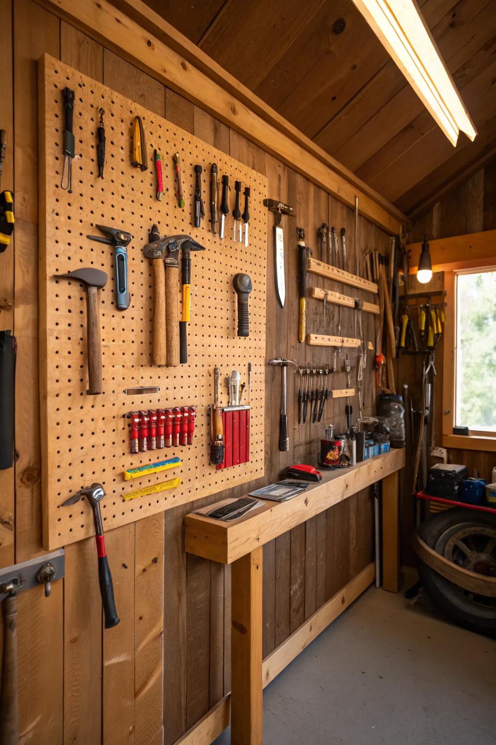 A pegboard keeps your tools organized and easily accessible.