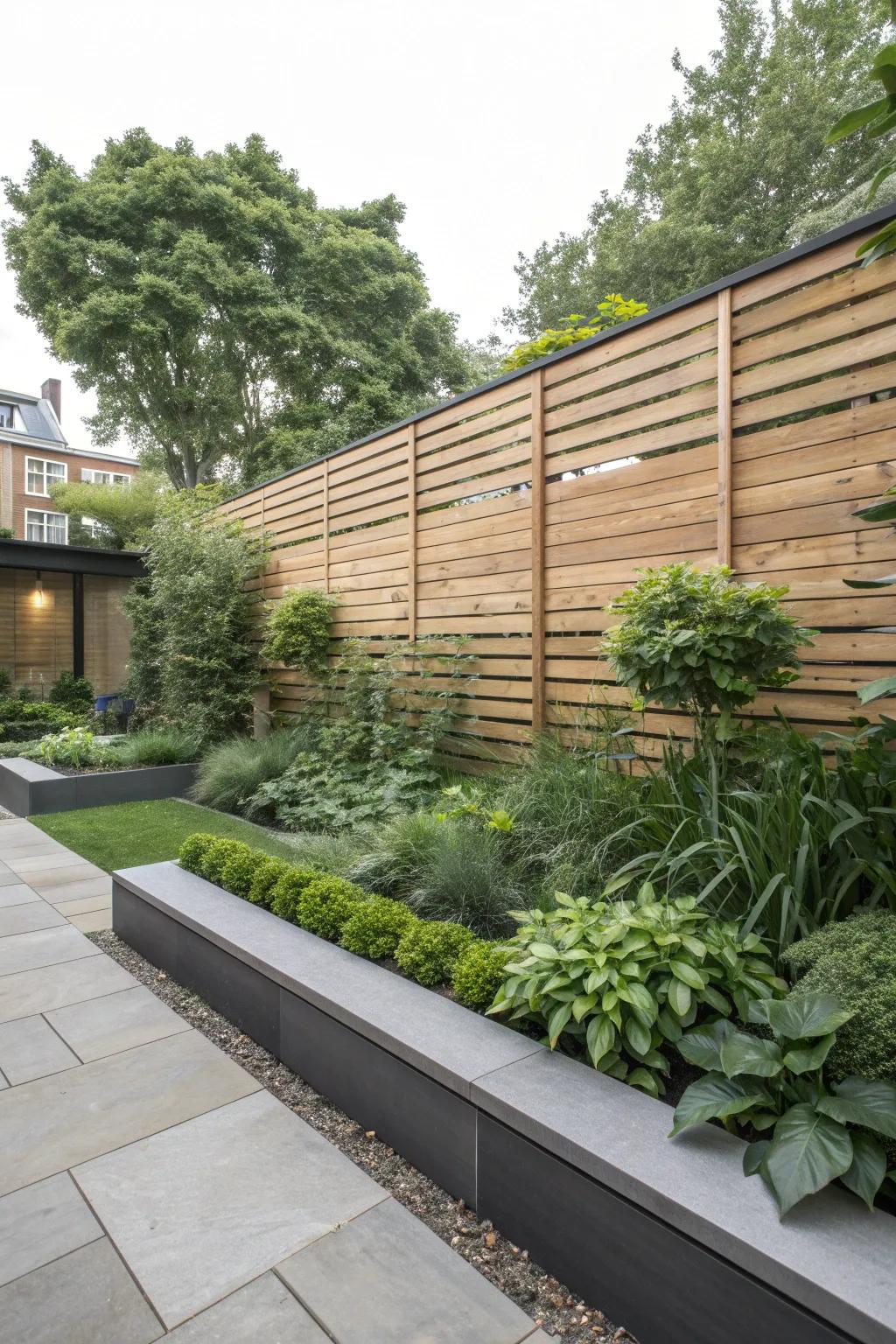 Horizontal wooden planks create a sleek, modern garden boundary.