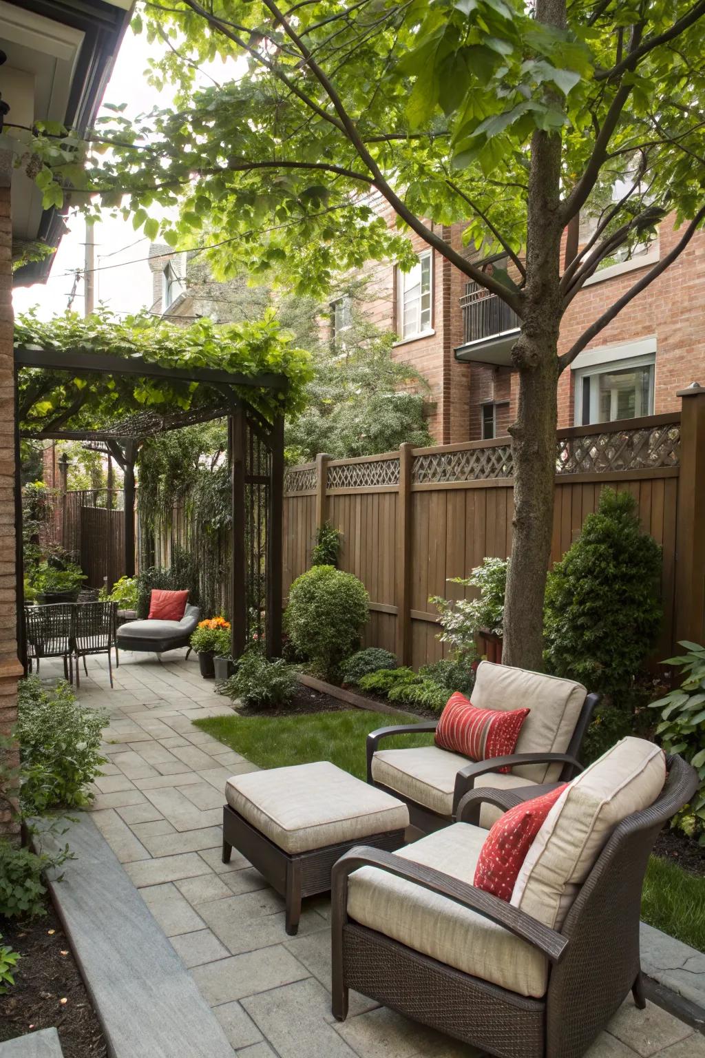 Relax in style with a beautifully designed seating area in your townhouse backyard.