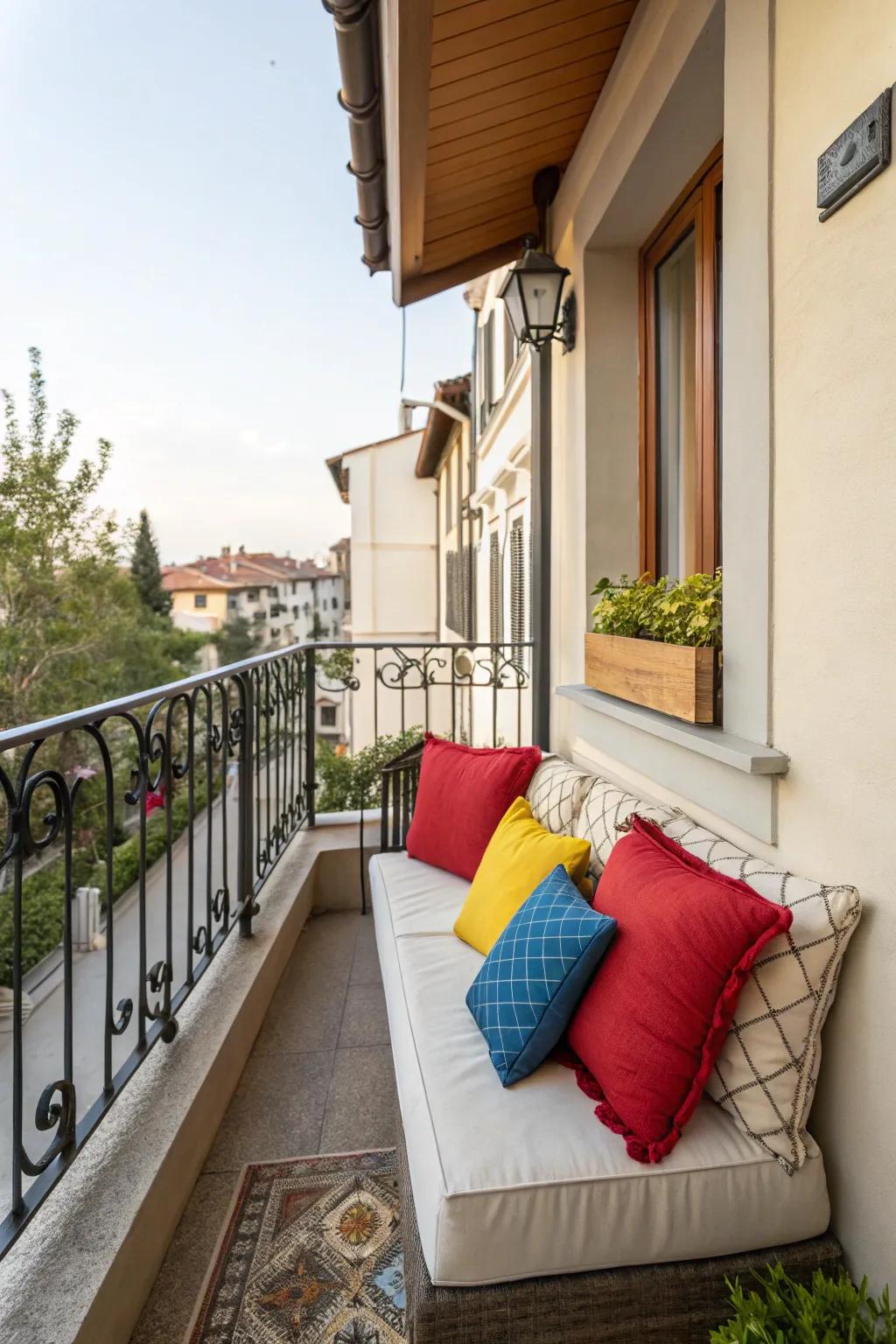 A cozy seating nook with vibrant pillows.