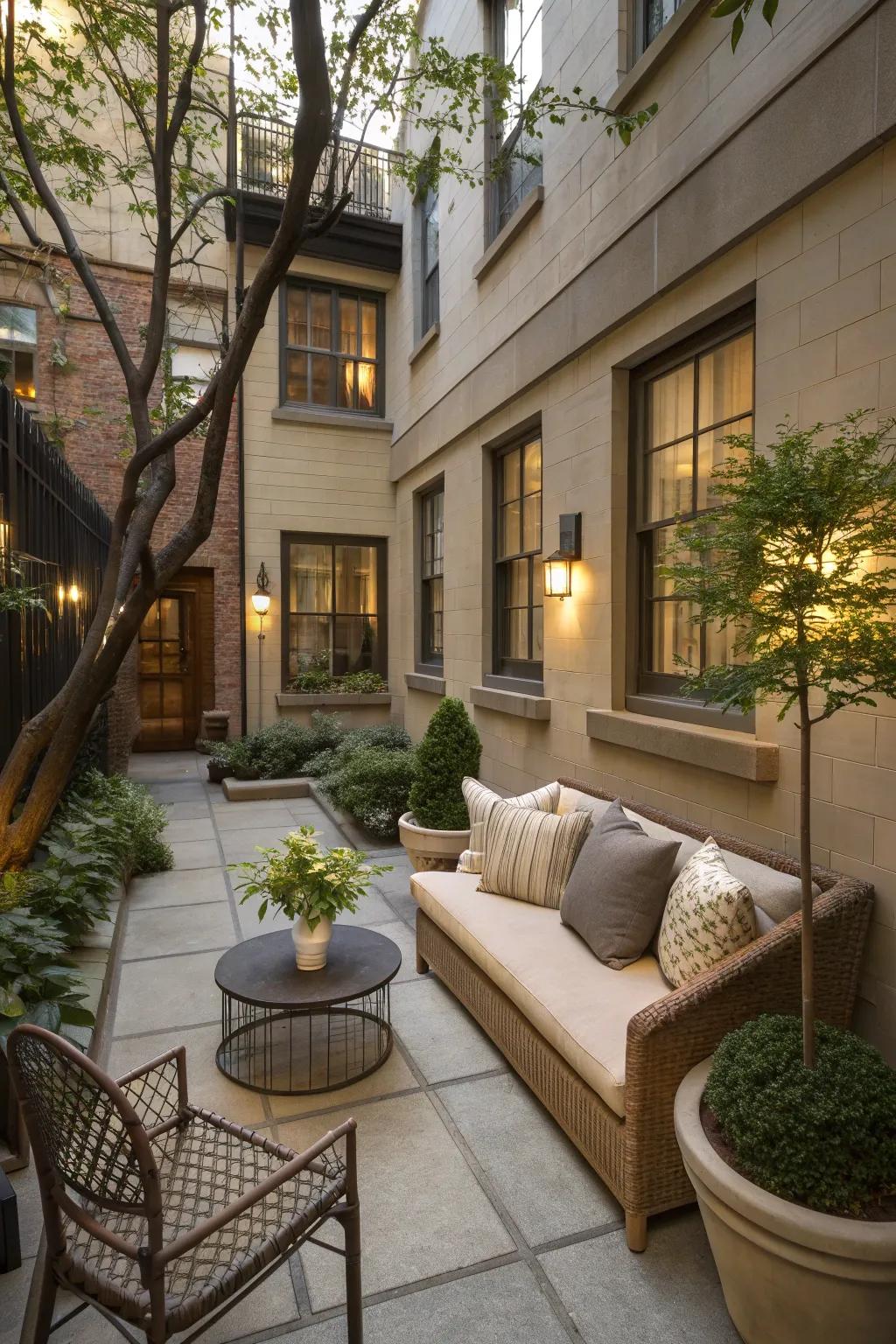A cozy seating nook with plush cushions invites relaxation in your courtyard.