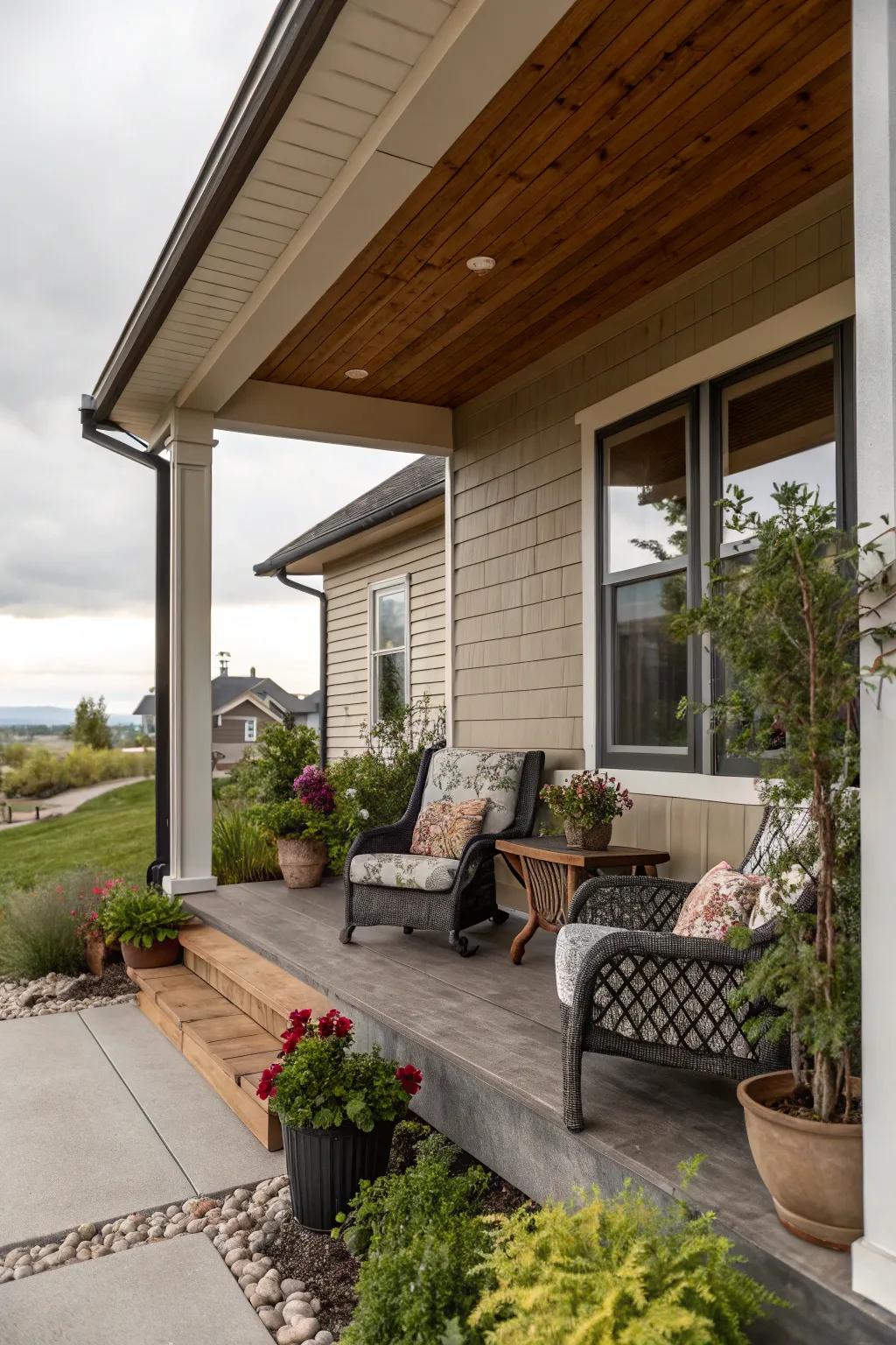 A cozy seating area on a townhouse front porch.