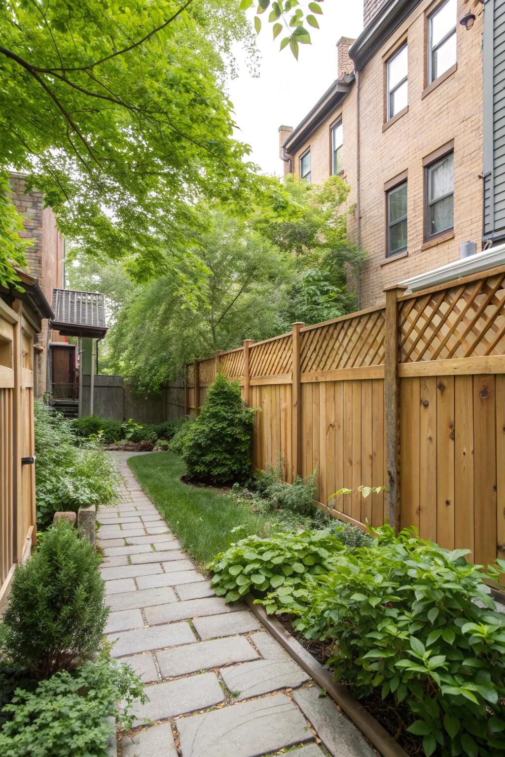 A classic wooden slat fence enhances privacy while blending with natural surroundings.