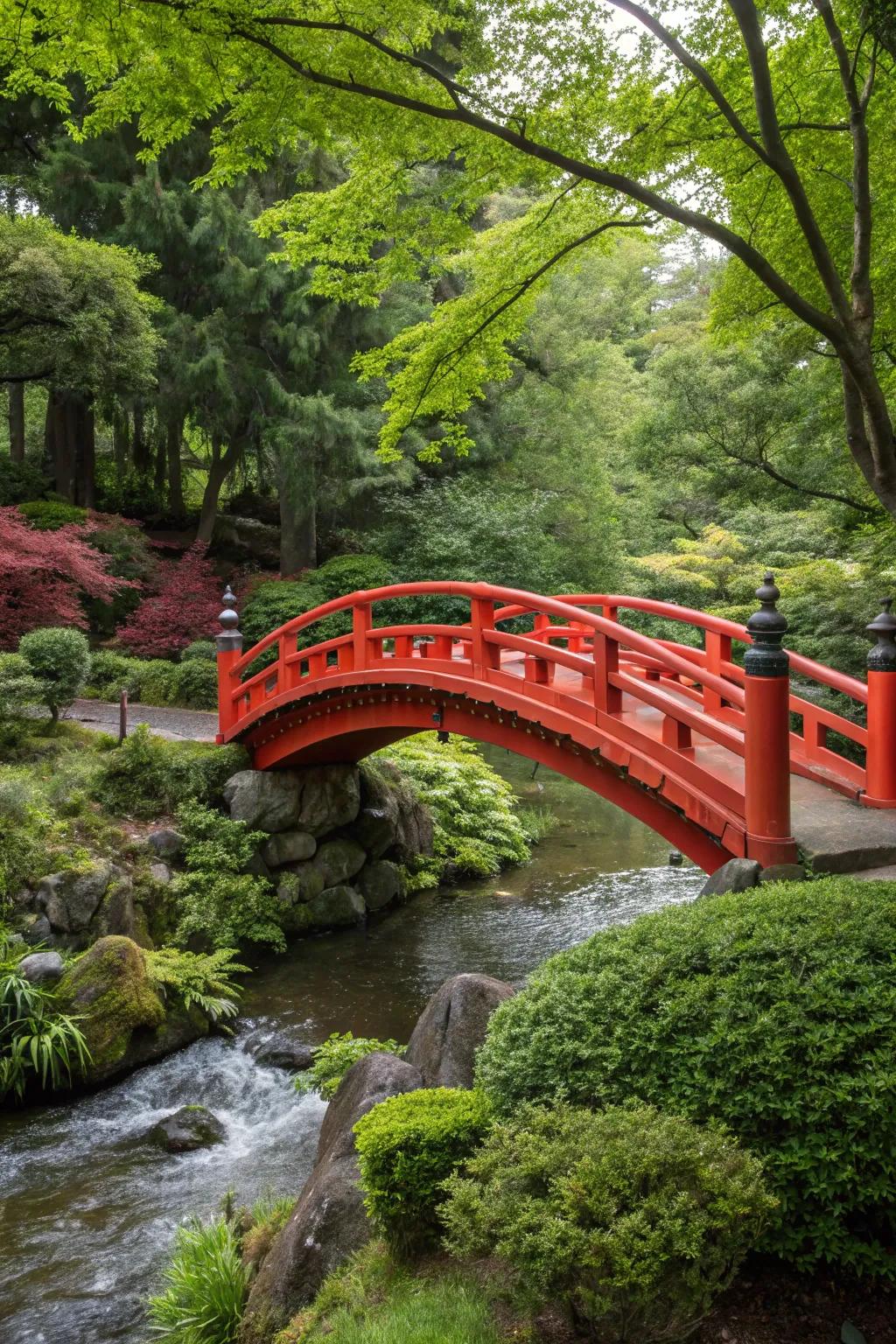 A vibrant red arched bridge adds a classic touch to any garden.