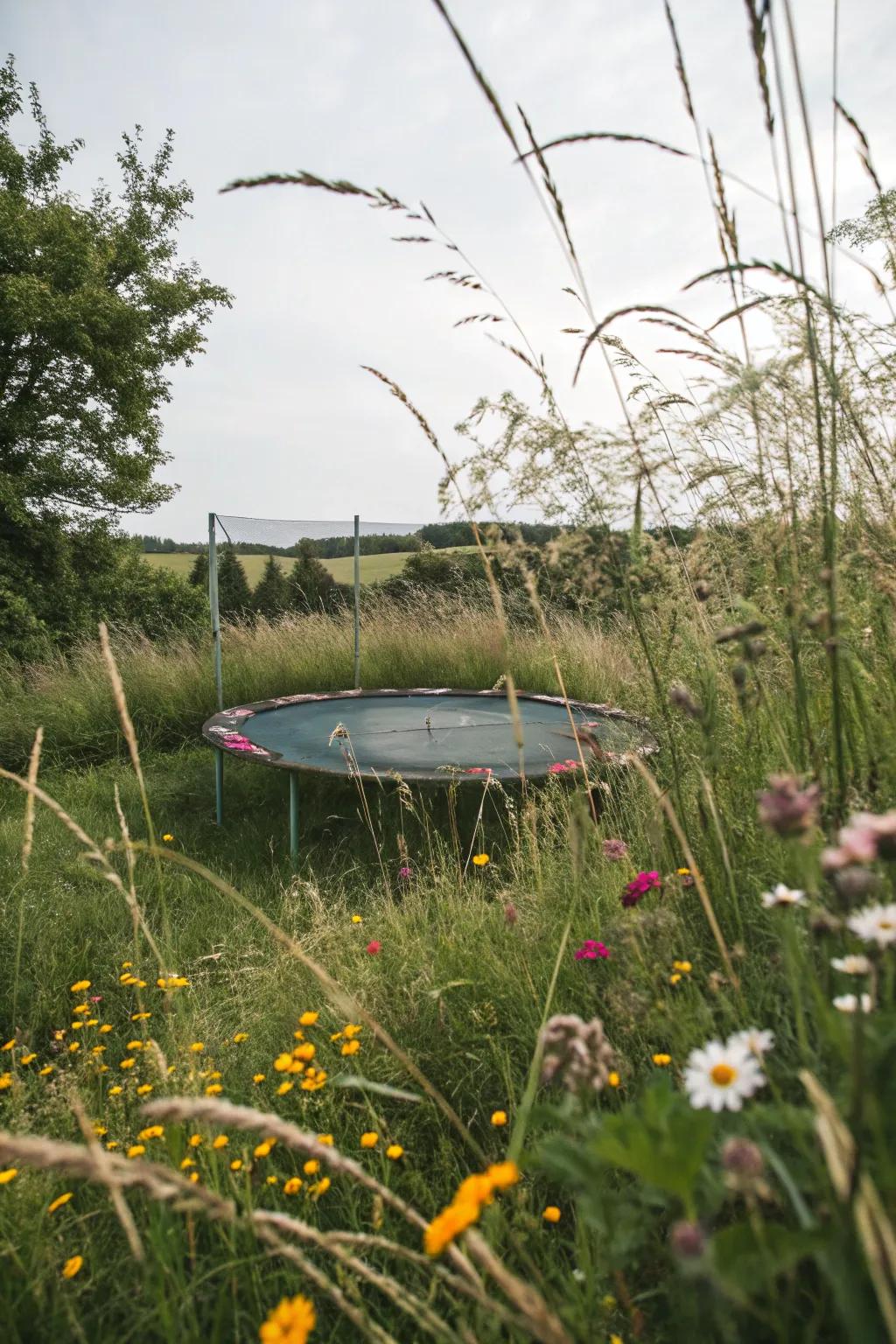 A trampoline beautifully integrated into a natural garden setting.